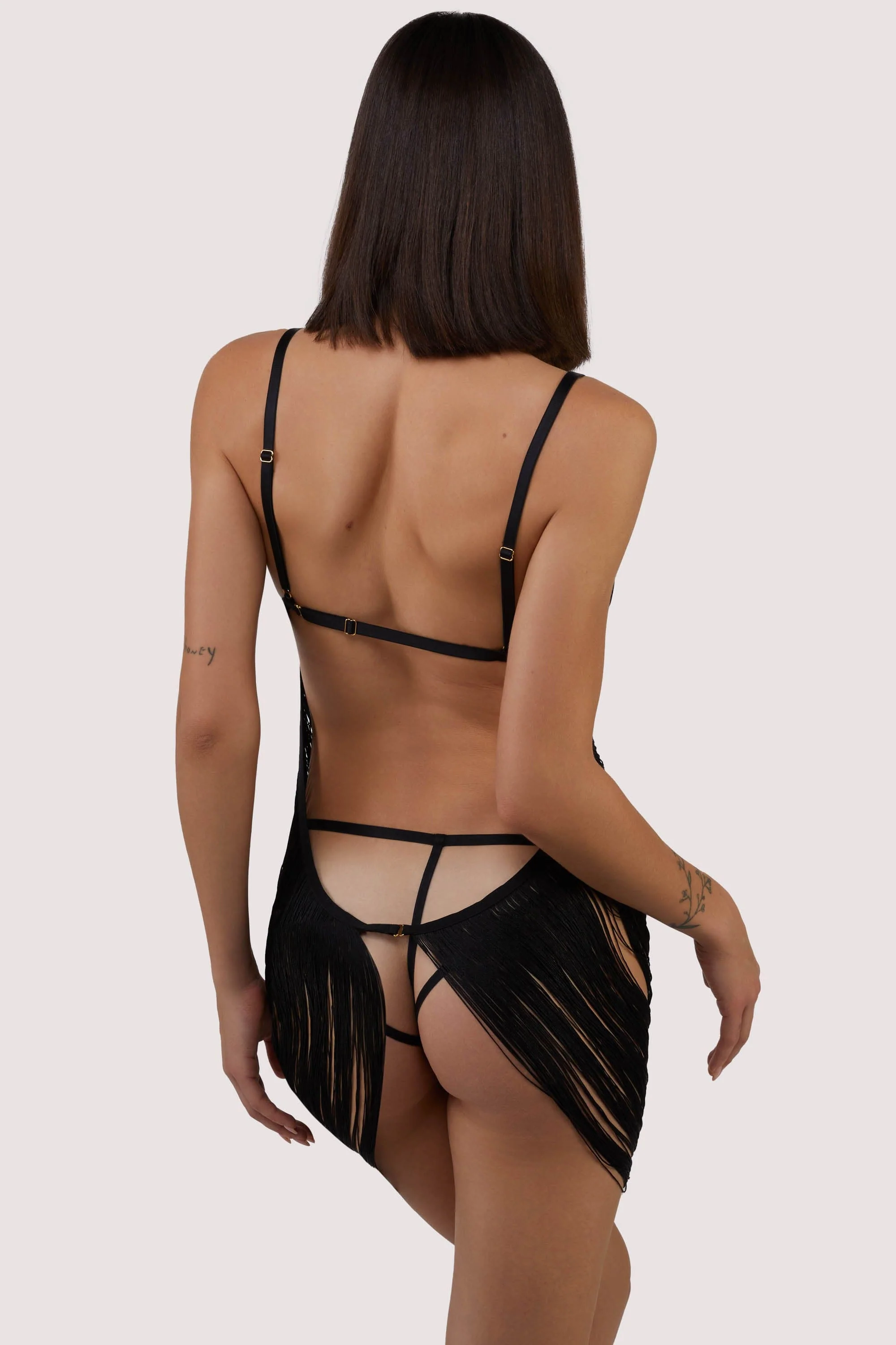 Kiera Black Fringe Bodysuit Dress with Thong - Image 3