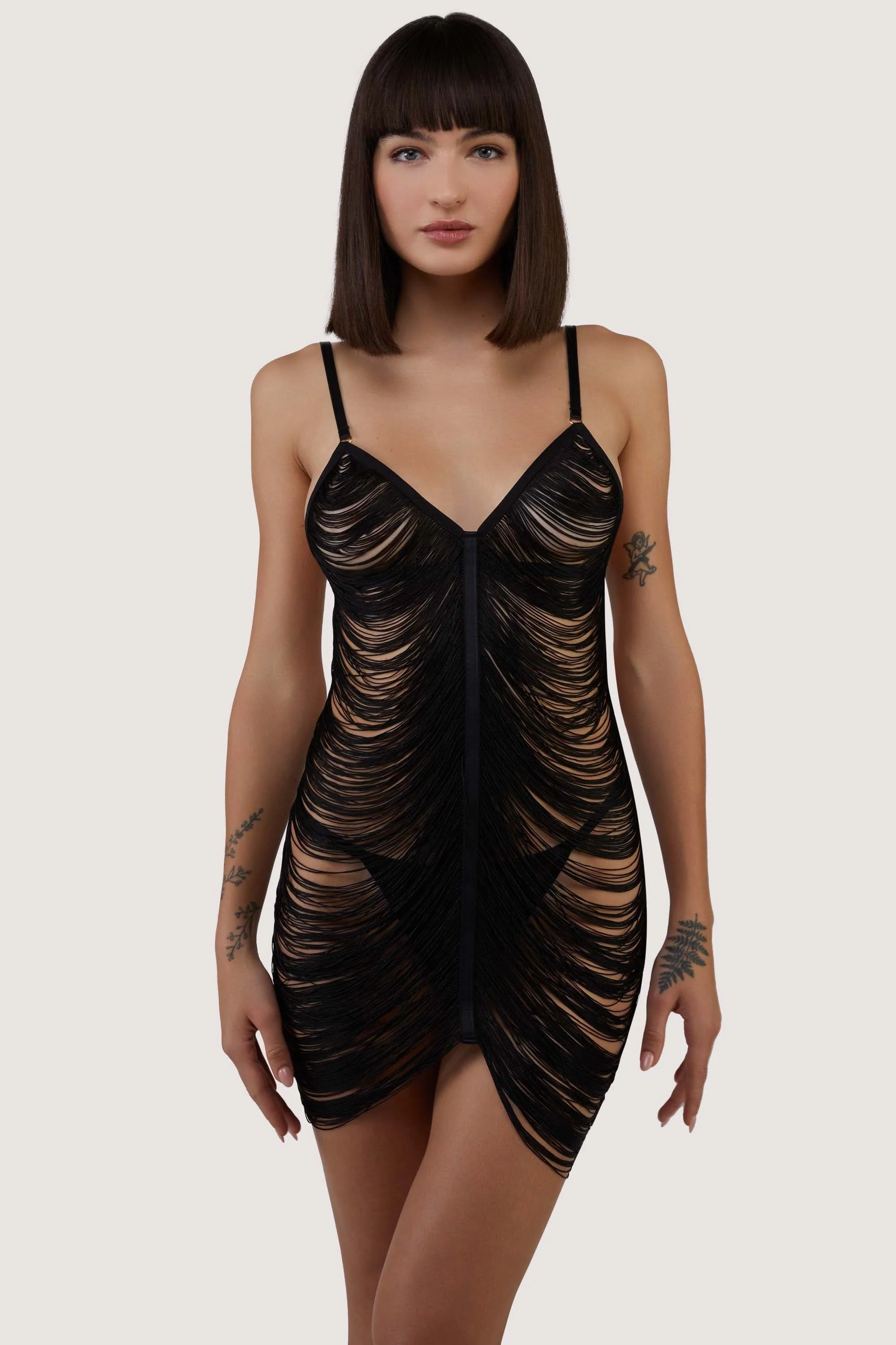 Kiera Black Fringe Bodysuit Dress with Thong - Image 5