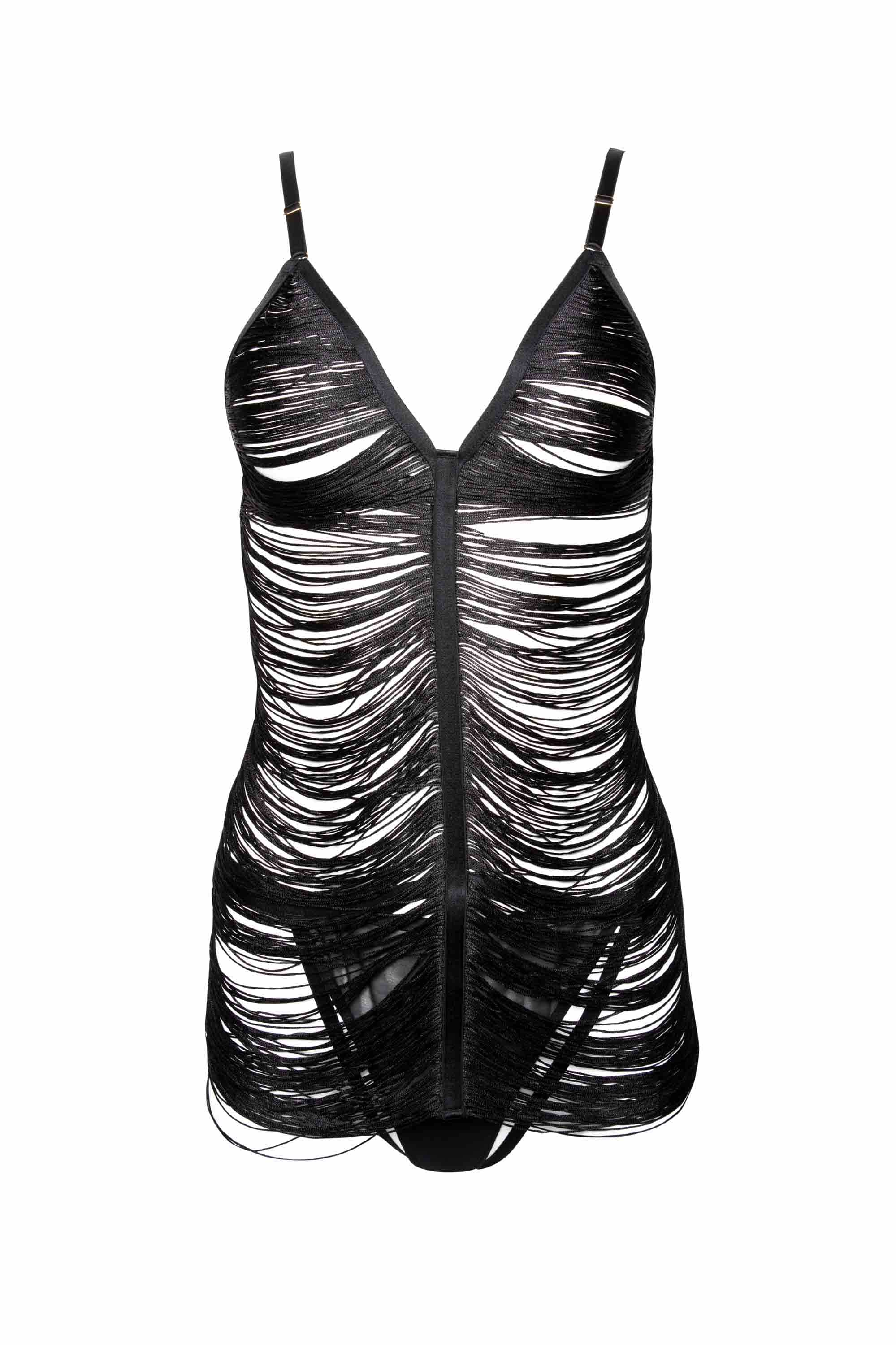 Kiera Black Fringe Bodysuit Dress with Thong - Image 6