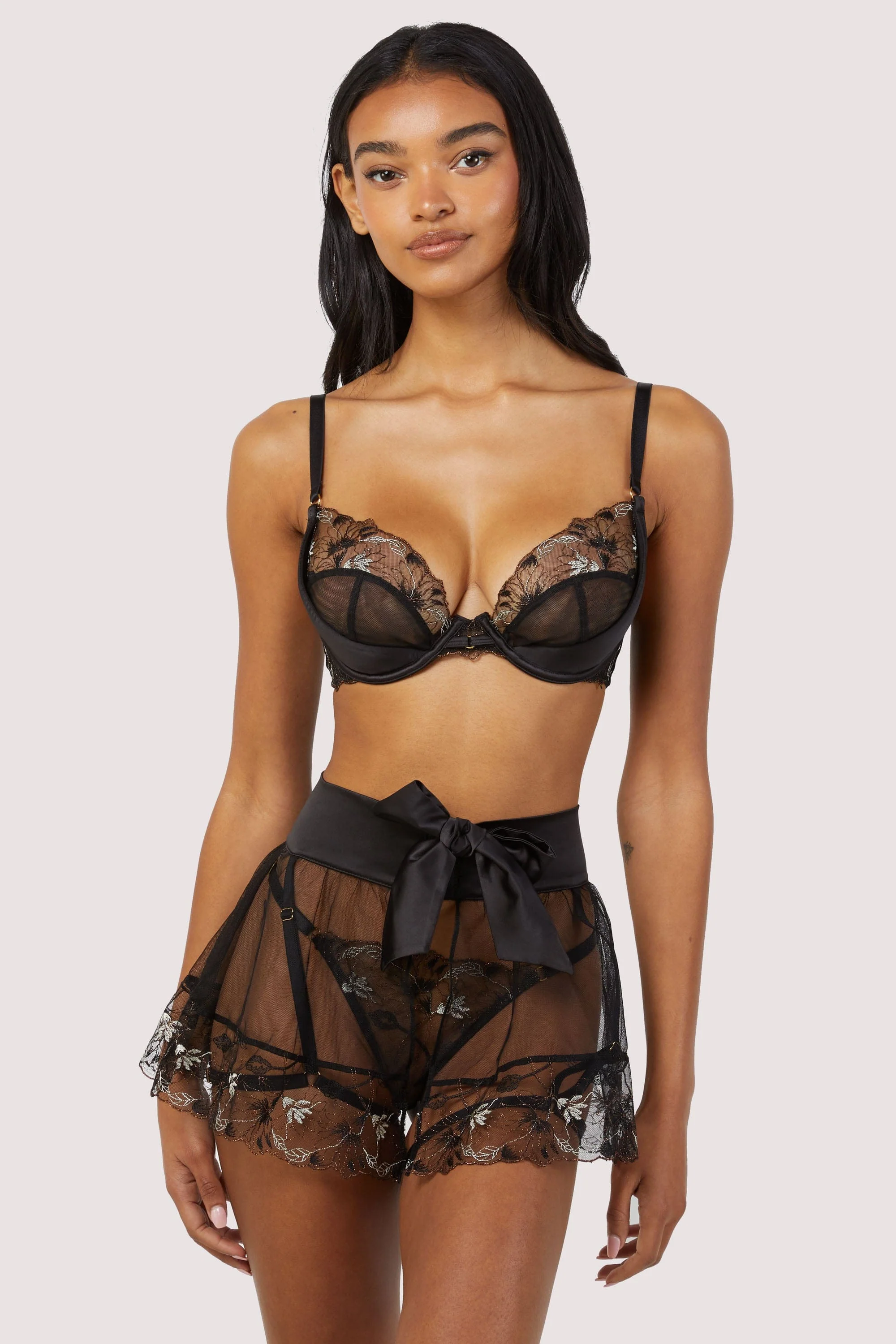 Aria Black and Gold Lace Suspender Skirt - Image 3