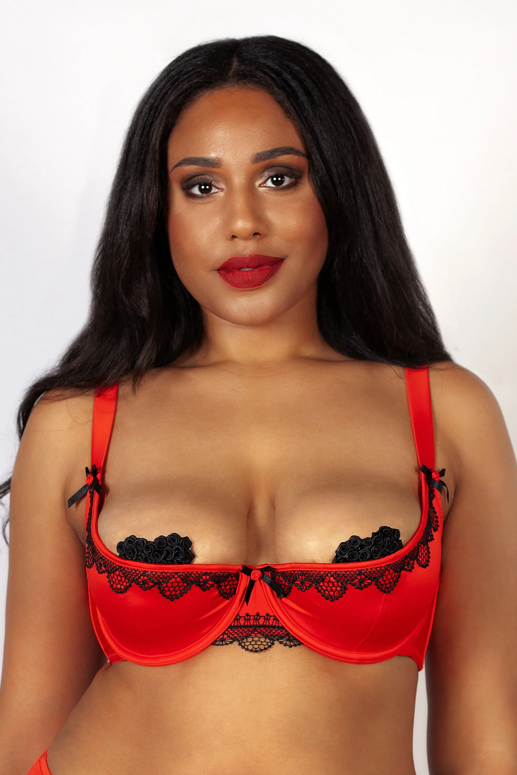 Arlene 1/4 Curve Cup Red Satin Black Lace Bra - Image 4