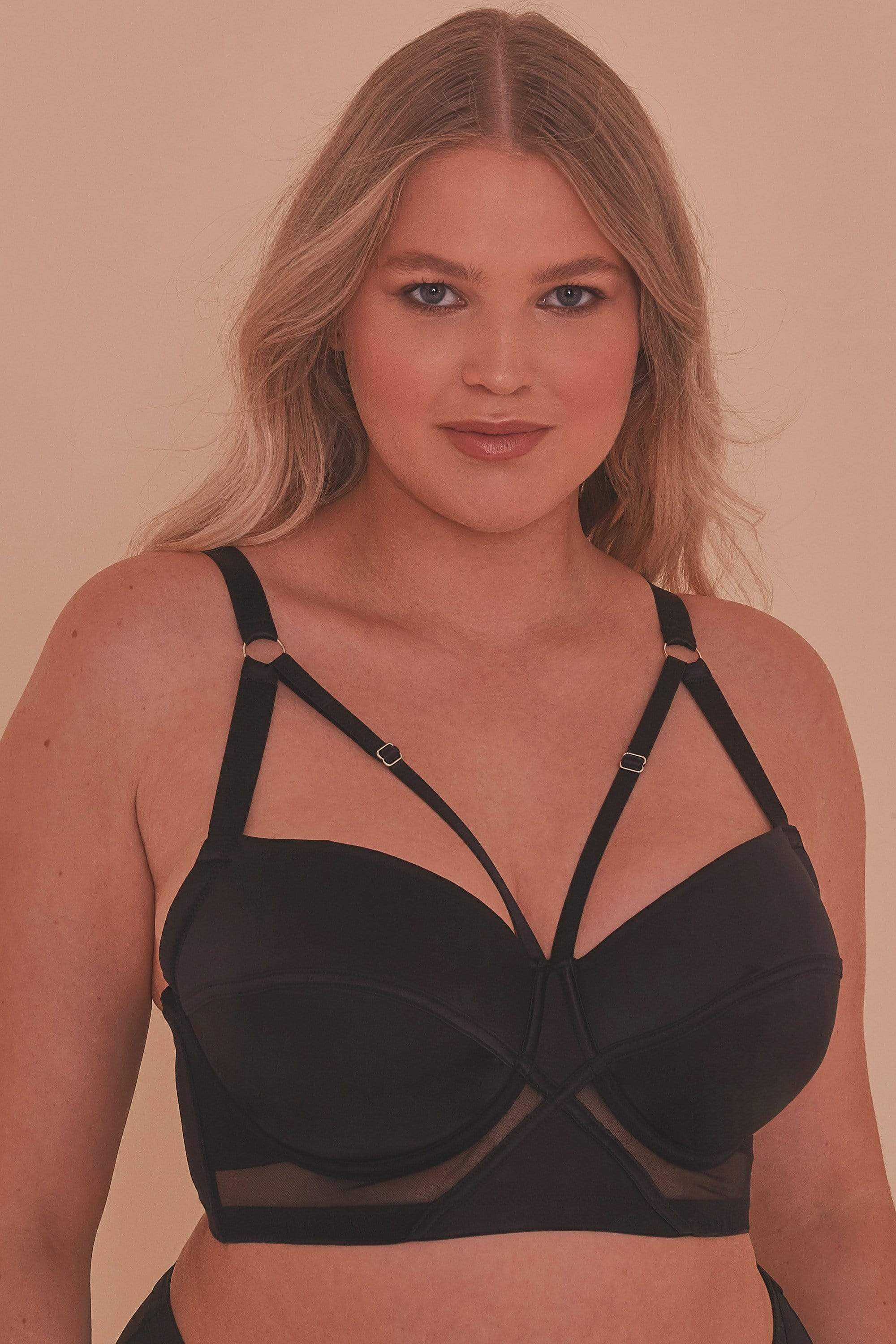 Aurora Black Mesh & Satin Crossover Longline Bra - Image 10