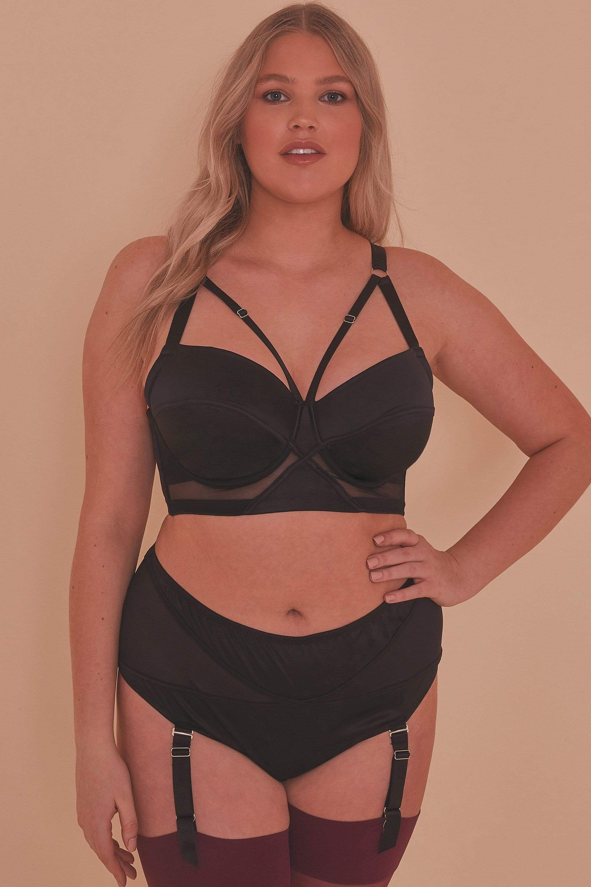 Aurora Black Mesh & Satin Crossover Longline Bra - Image 12