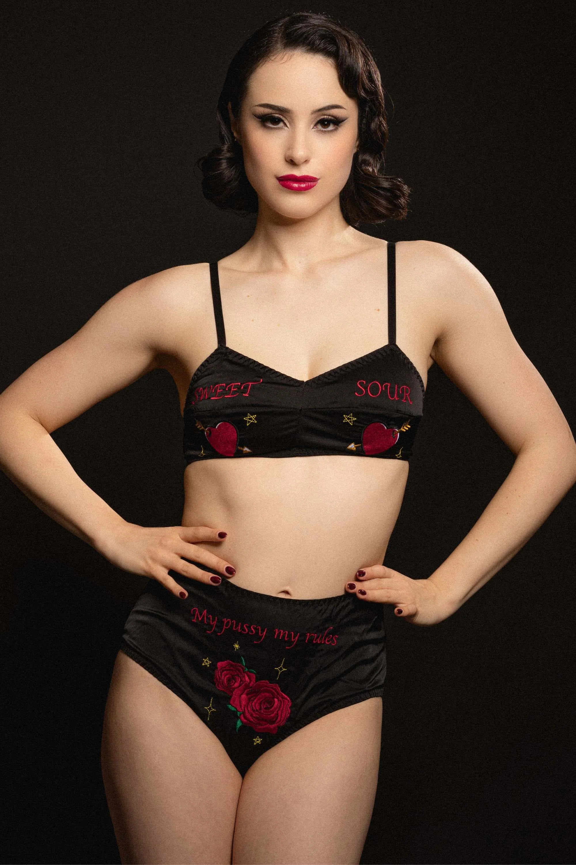Clara Black Retro Embroidery High Waist Brief - Image 3