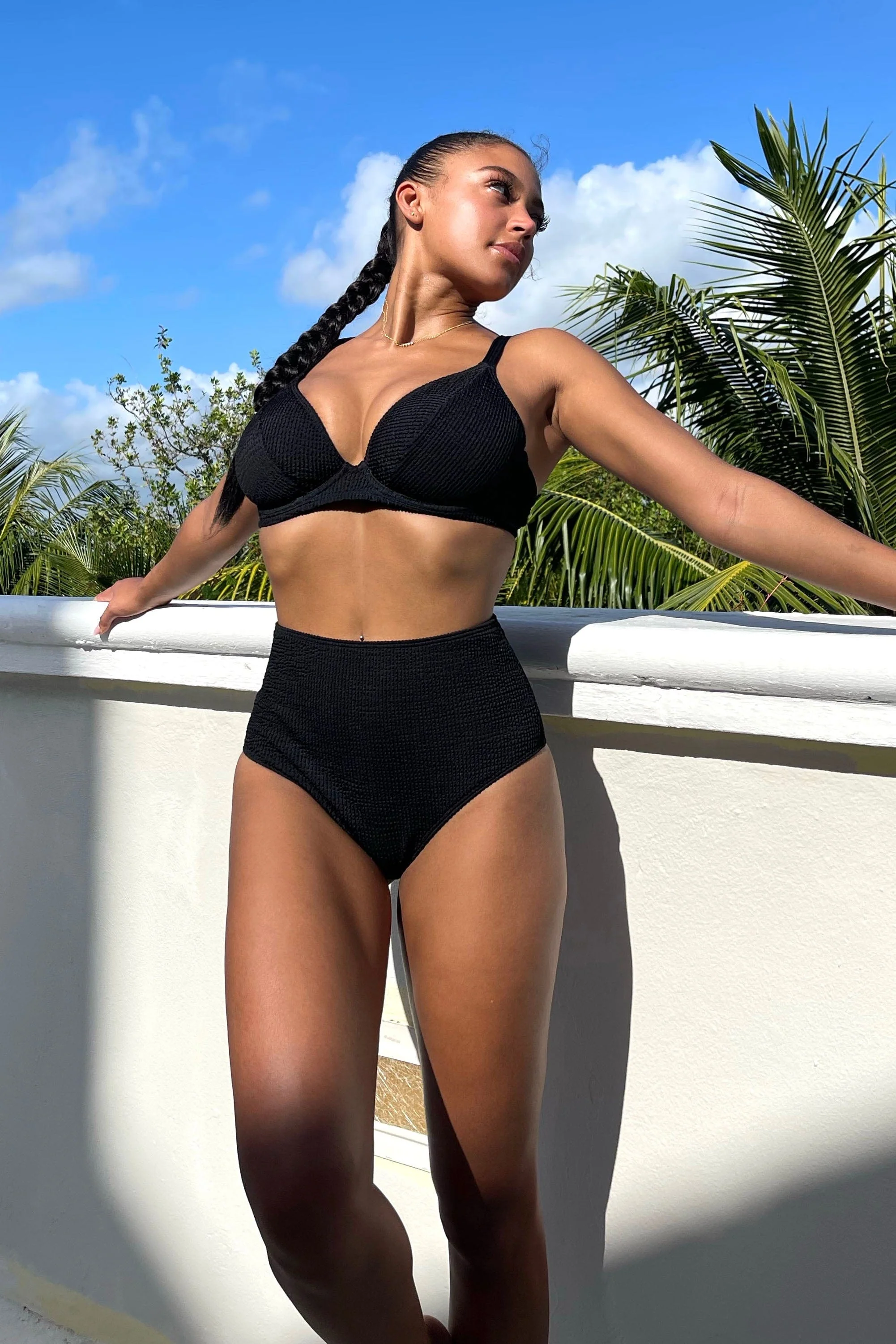 Black Textured High Waisted Bikini Bottom - Image 5