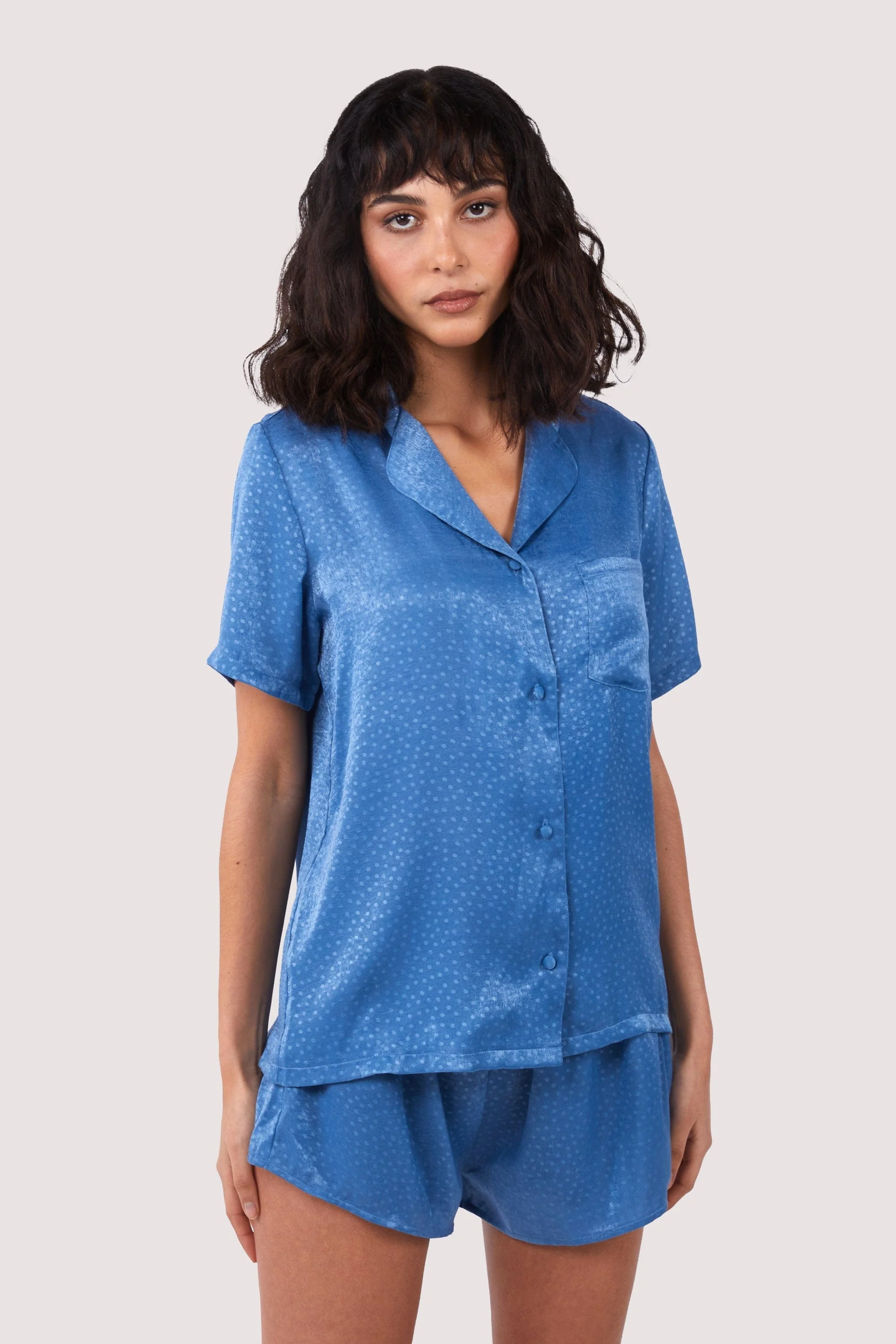 Blue Jacquard Pyjama Top & Shorts Set - Image 4