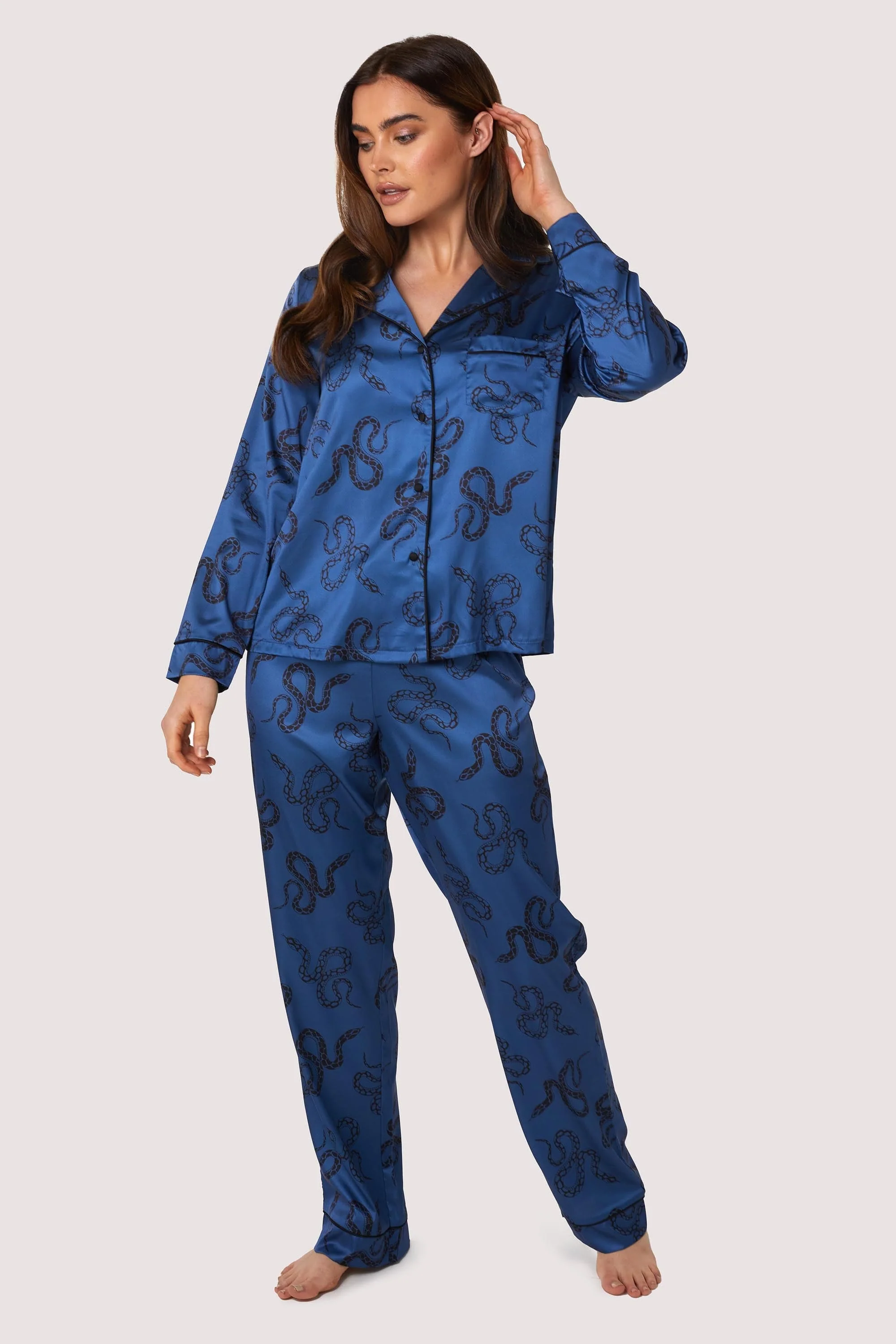 Blue Satin Snake Print Long Sleeve Pyjama Set - Image 3