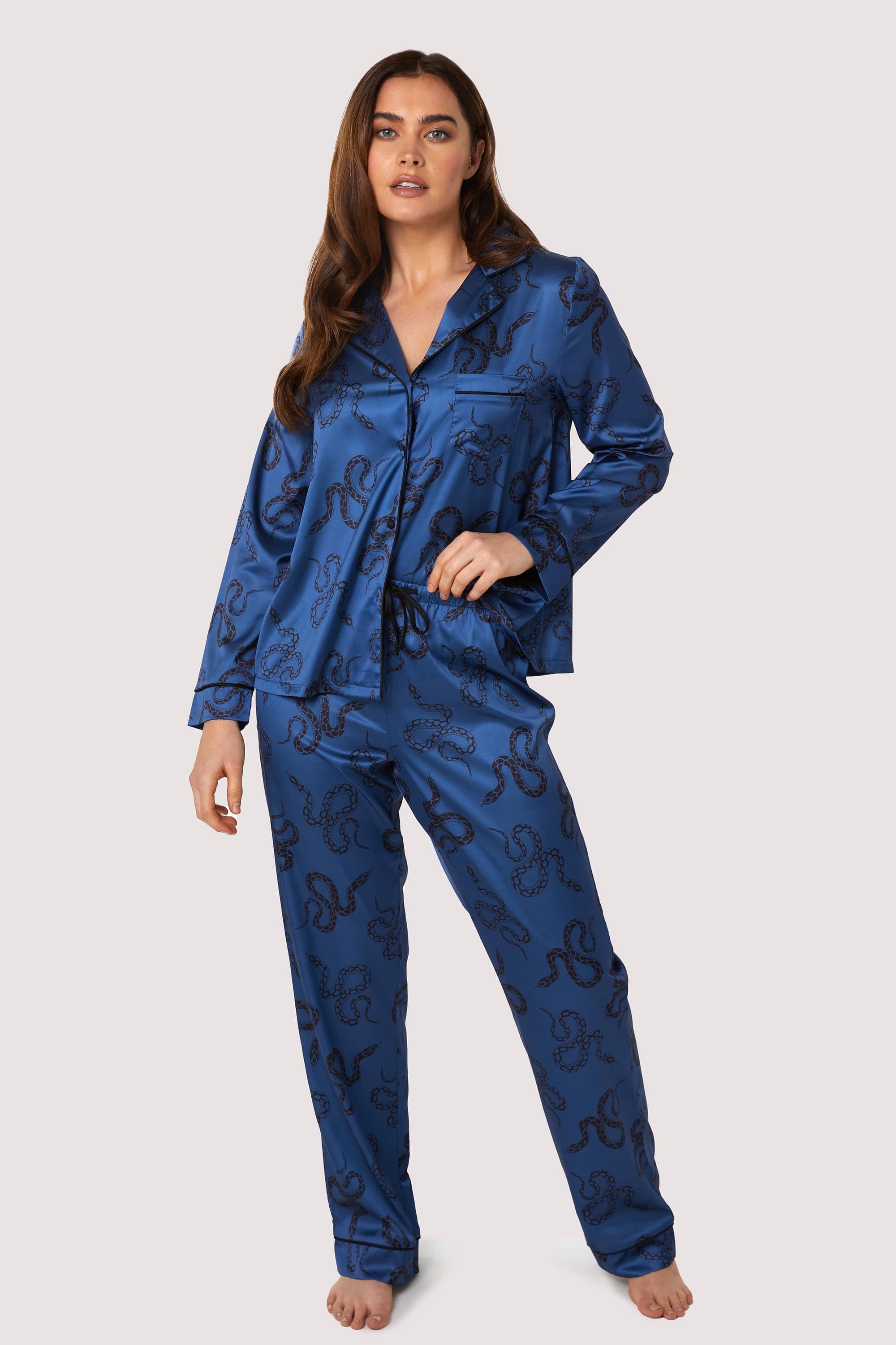 Blue Satin Snake Print Long Sleeve Pyjama Set - Image 4