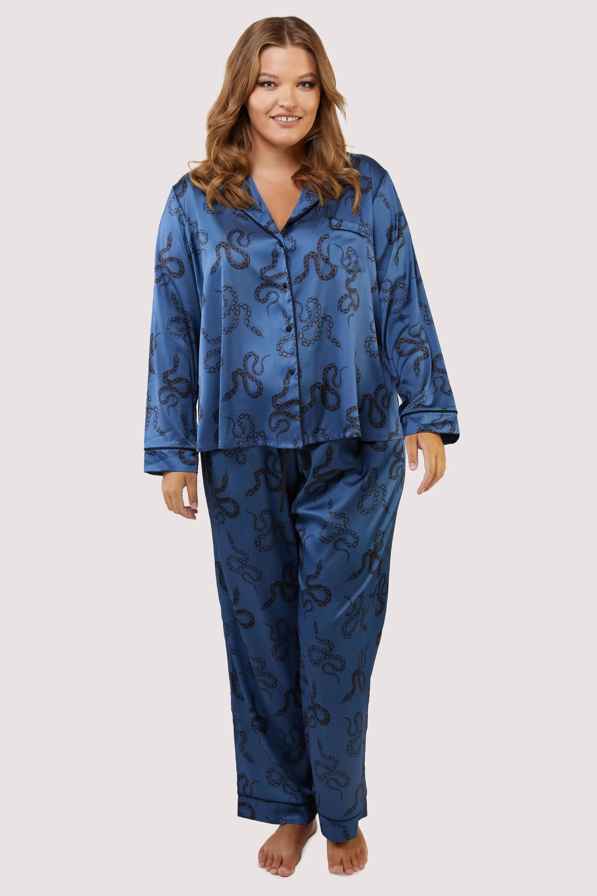 Blue Satin Snake Print Long Sleeve Pyjama Set - Image 5