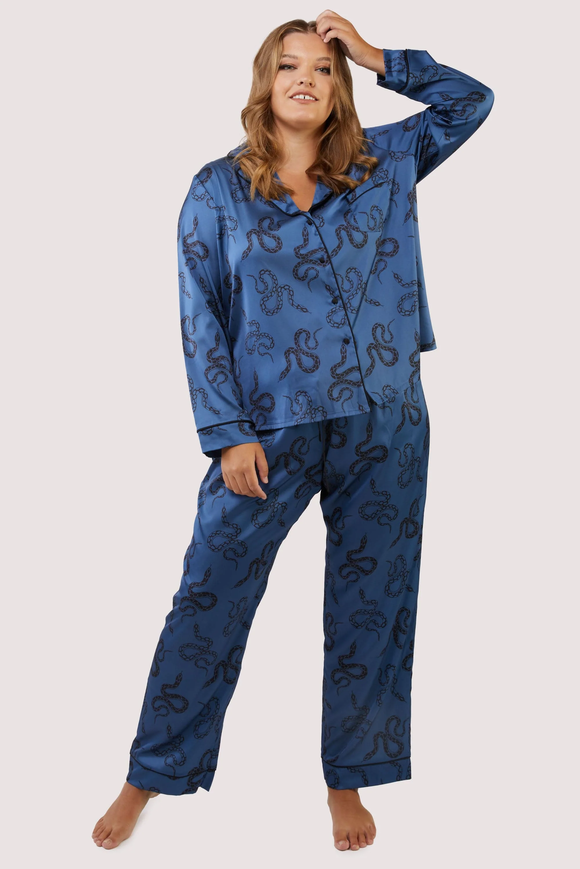 Blue Satin Snake Print Long Sleeve Pyjama Set - Image 6