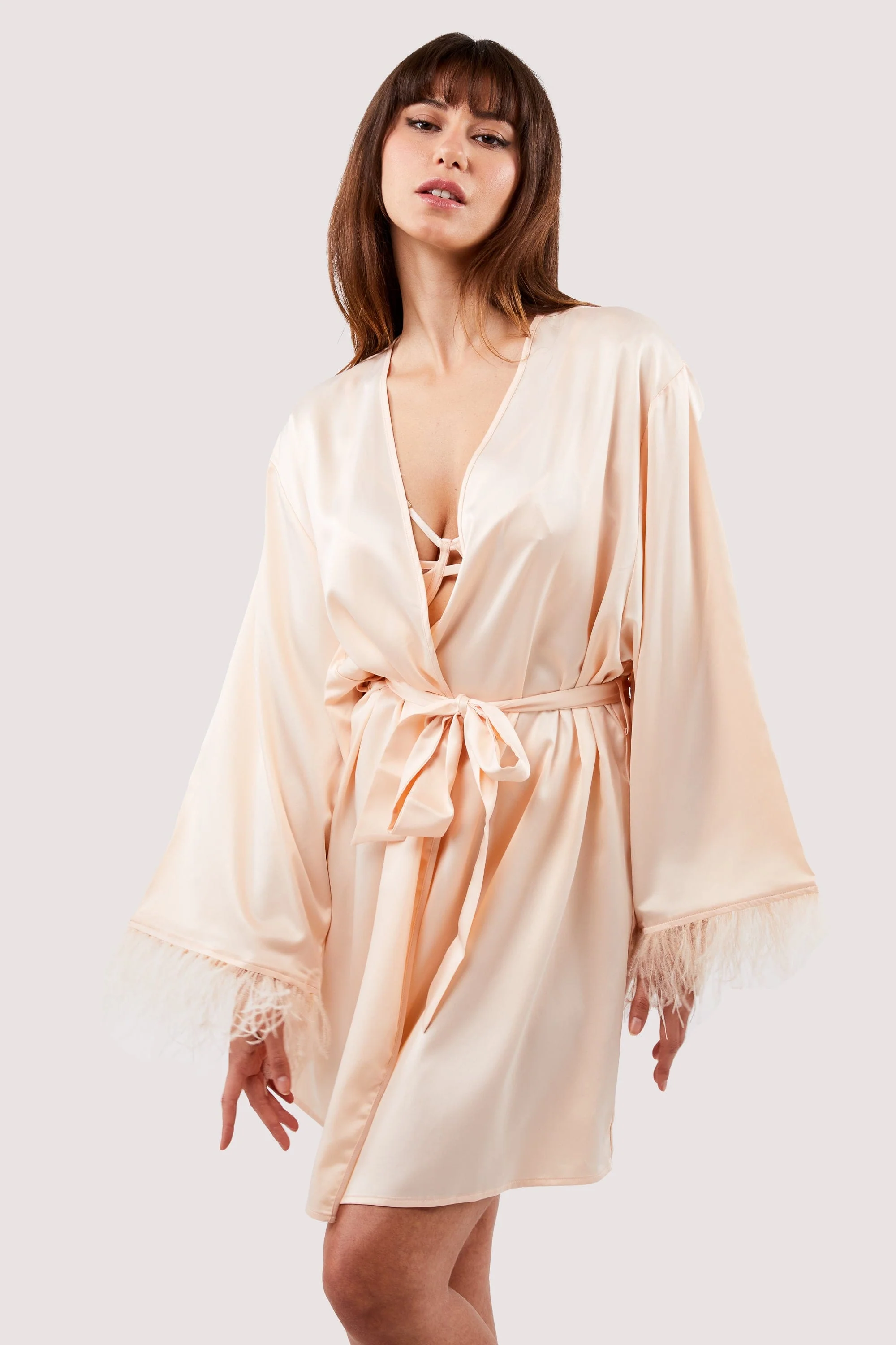 Cassiopeia Blush Pink Satin And Feather Kimono - Image 4