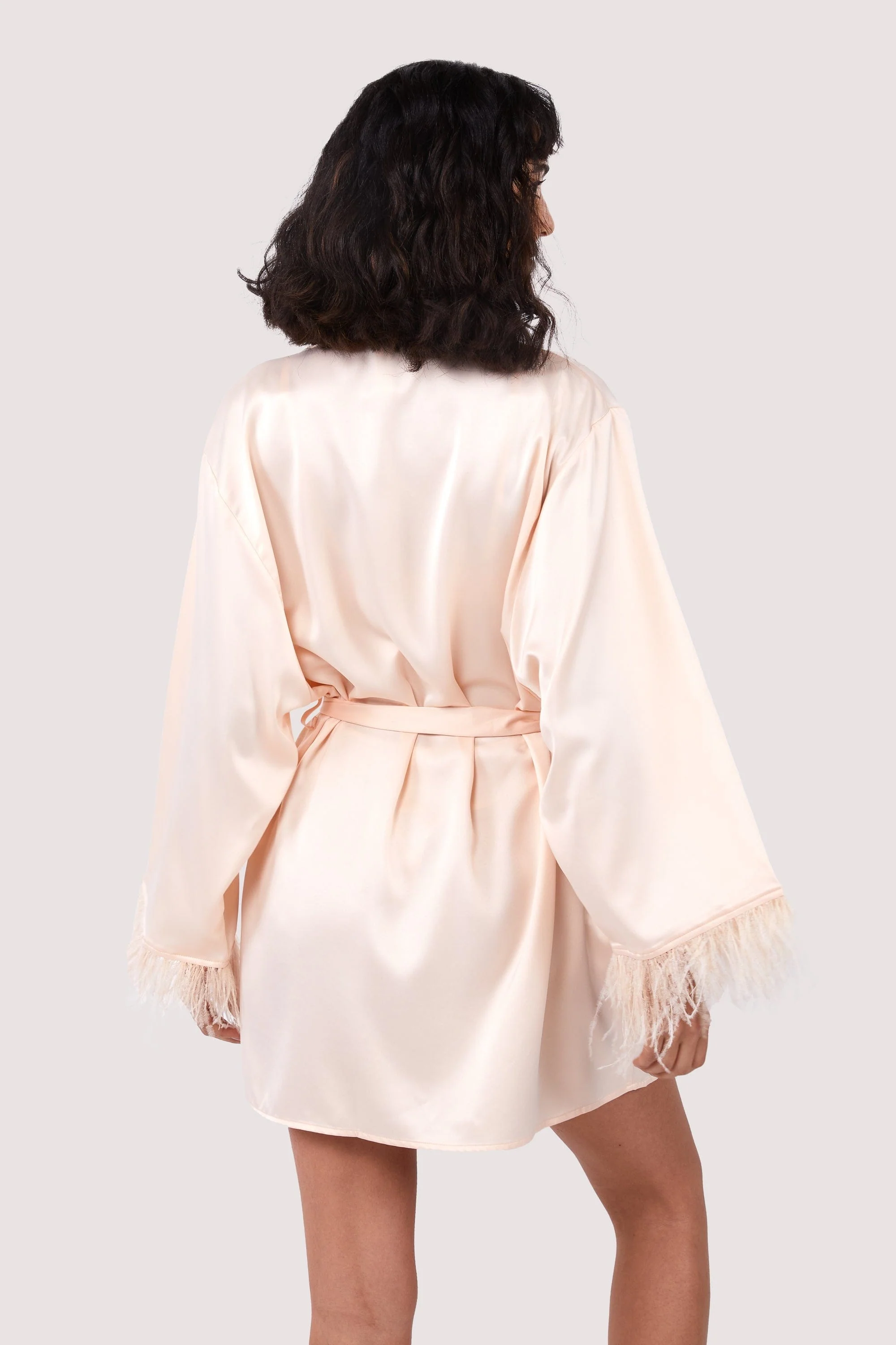 Cassiopeia Blush Pink Satin And Feather Kimono - Image 5