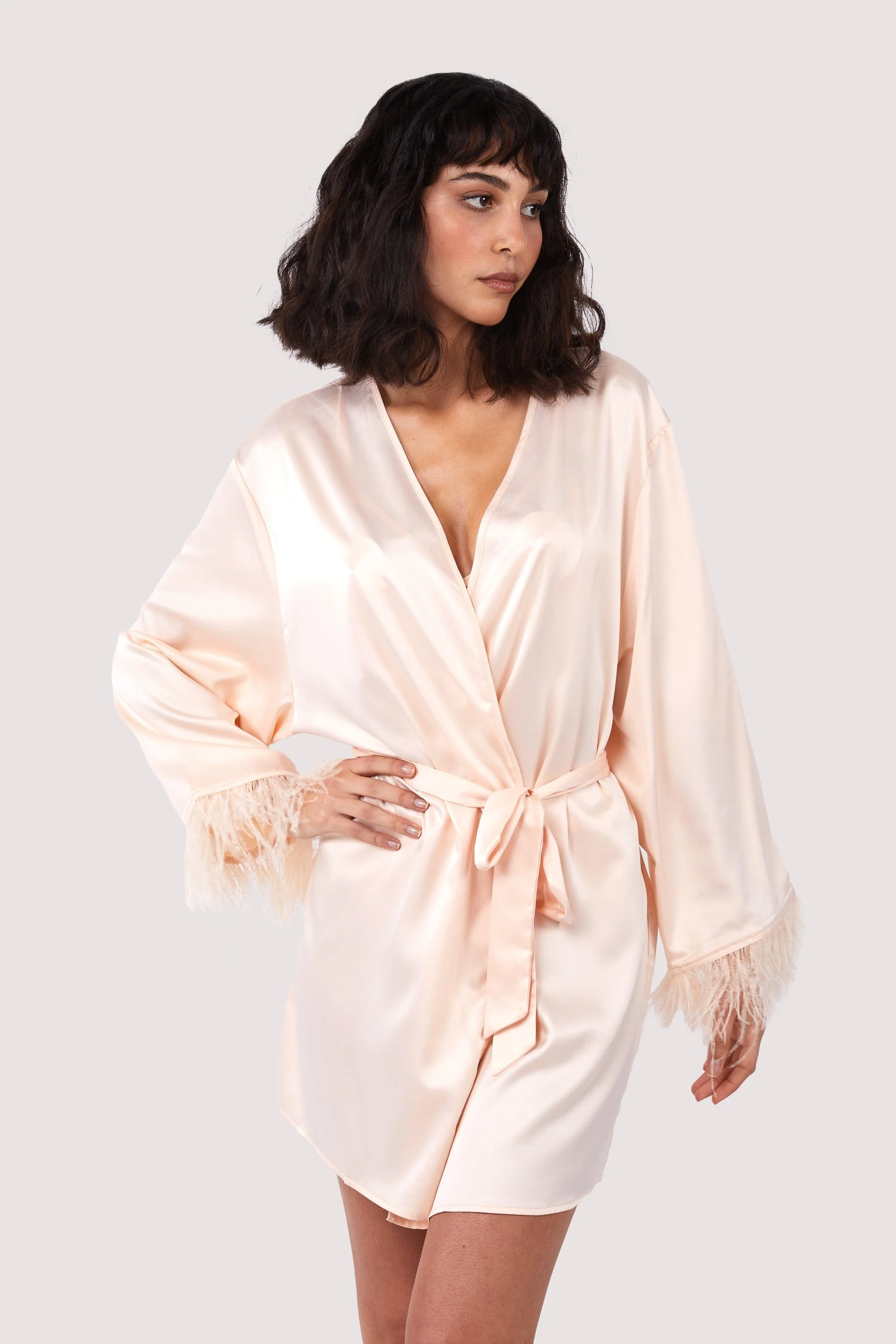 Cassiopeia Blush Pink Satin And Feather Kimono - Image 6
