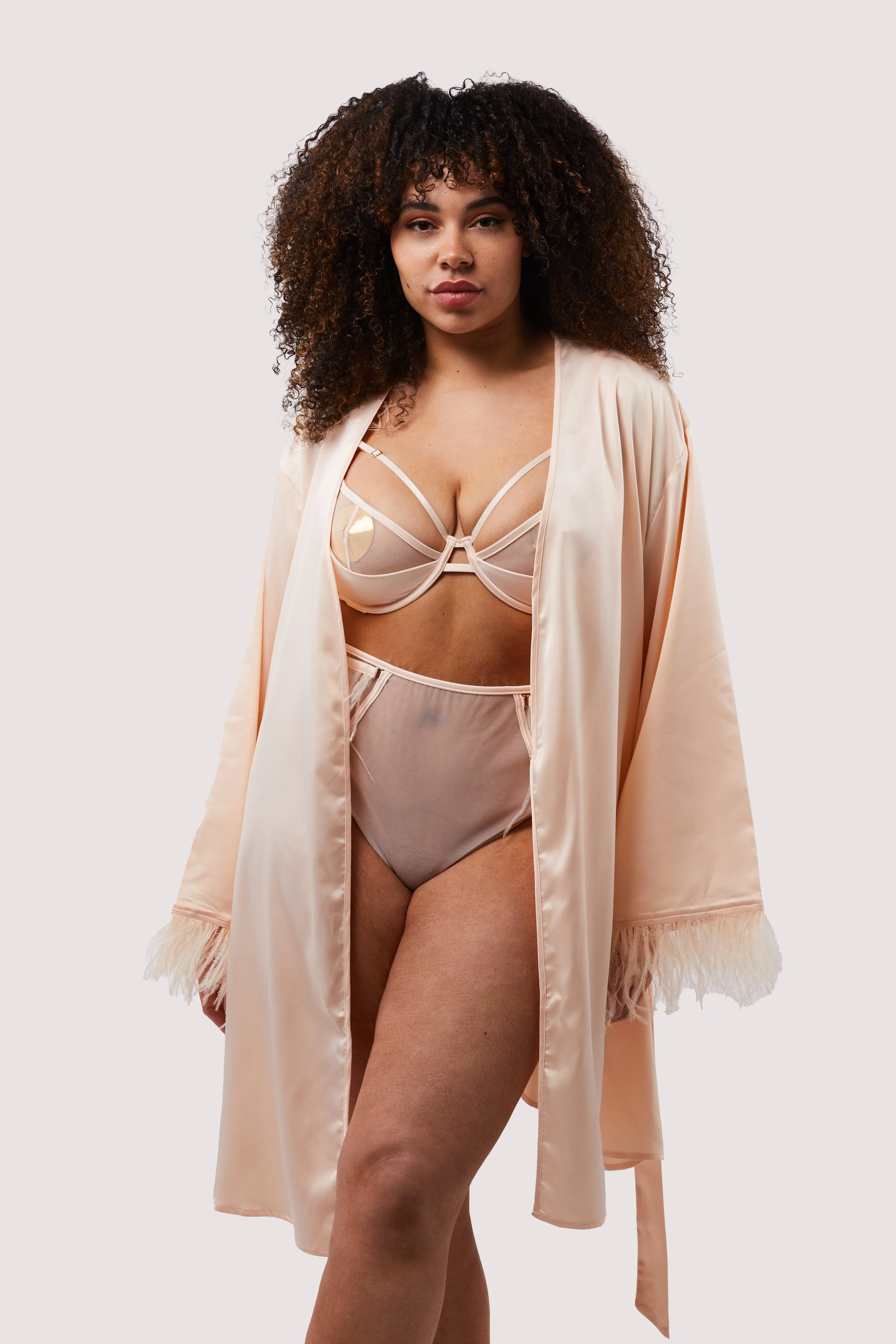 Cassiopeia Blush Pink Satin And Feather Kimono - Image 7