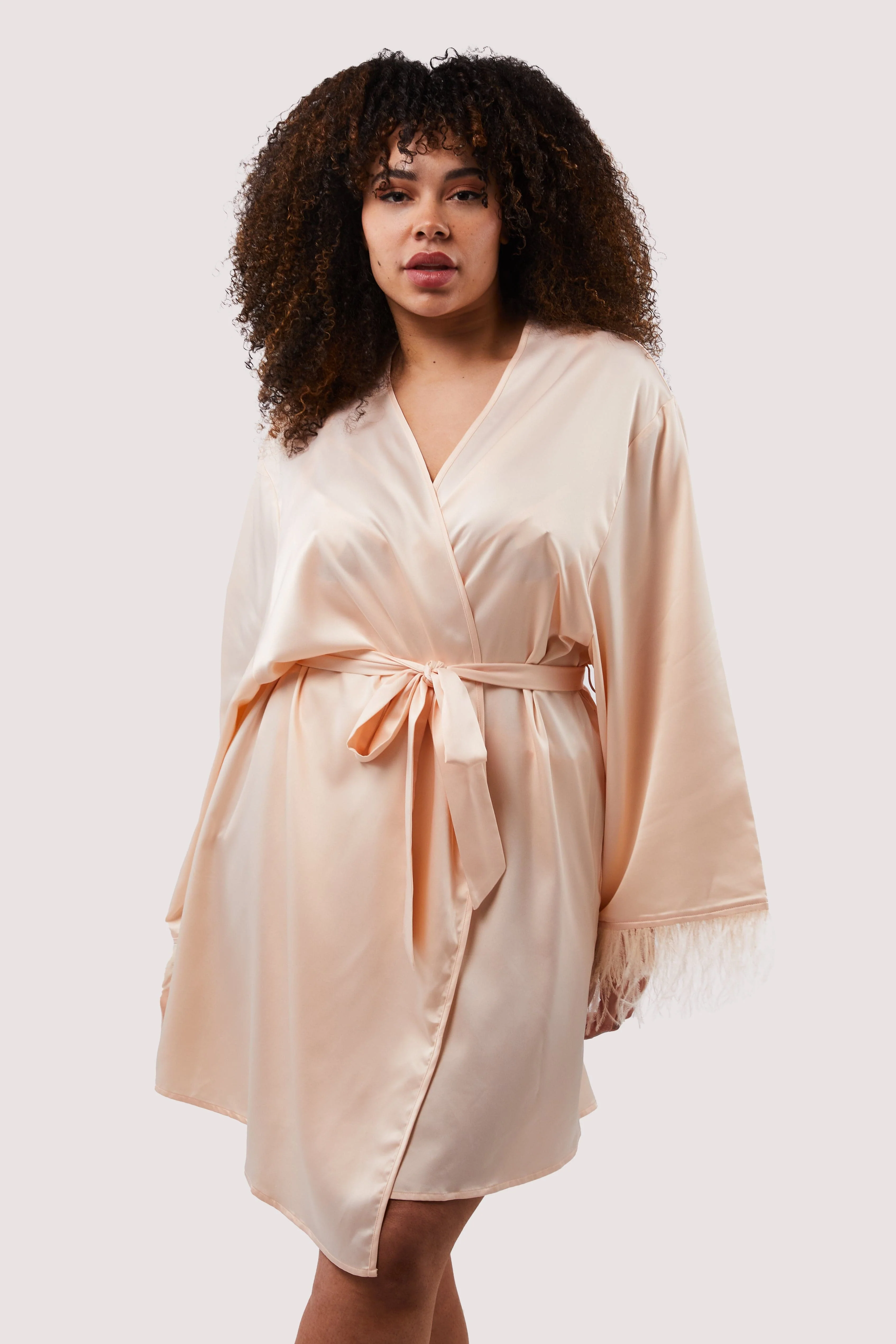 Cassiopeia Blush Pink Satin And Feather Kimono - Image 8