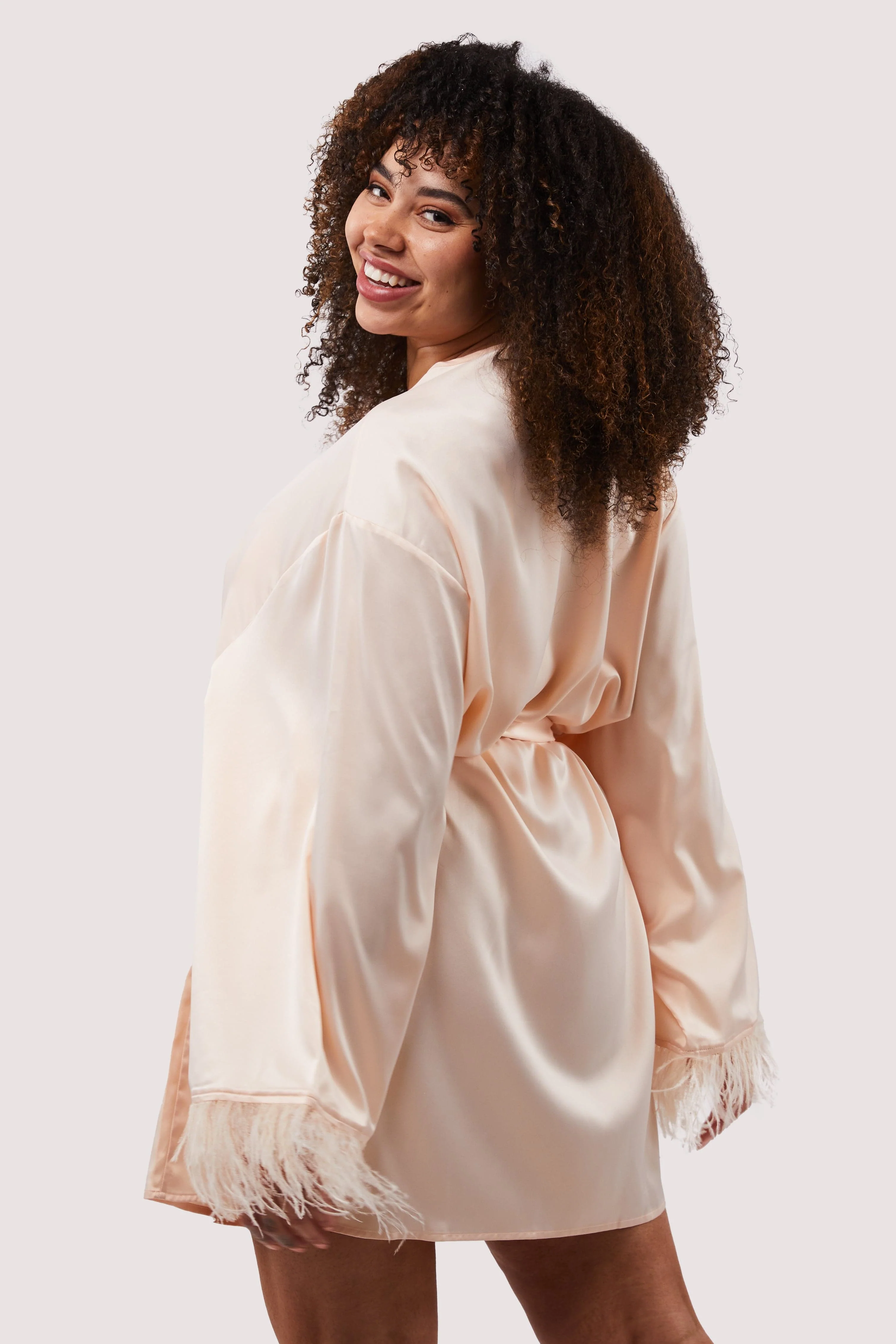 Cassiopeia Blush Pink Satin And Feather Kimono - Image 9