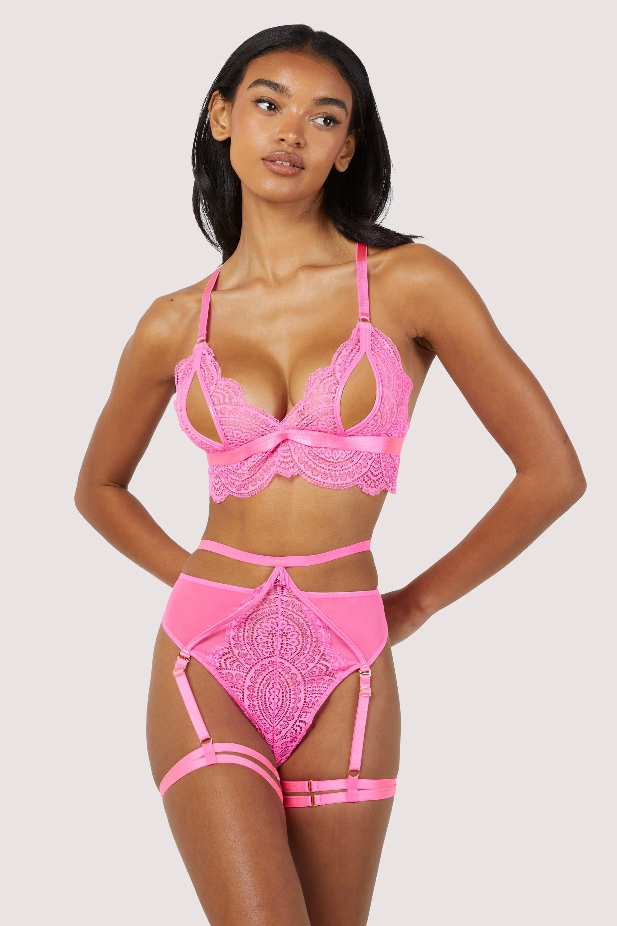 Demi Pink Lace High Waisted Suspender Thong - Image 5