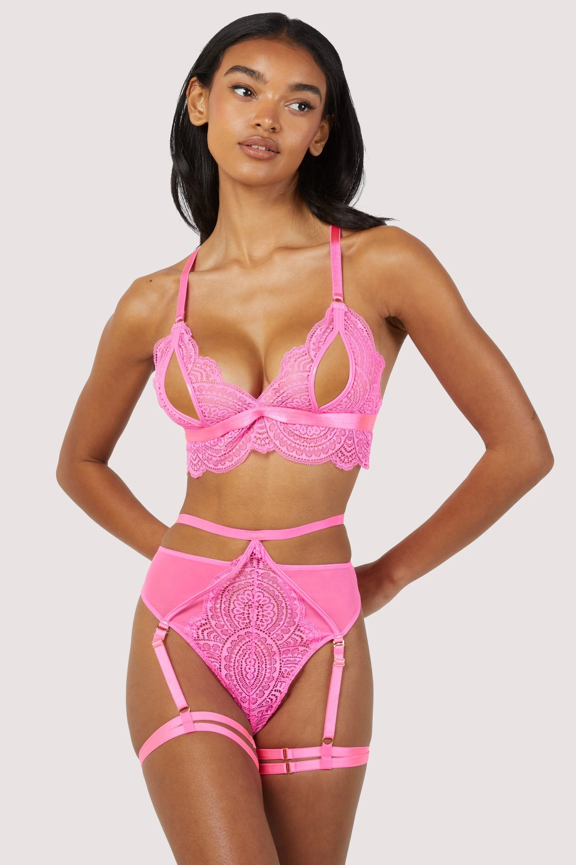 Demi Pink Lace Triangle Peep Bra - Image 3