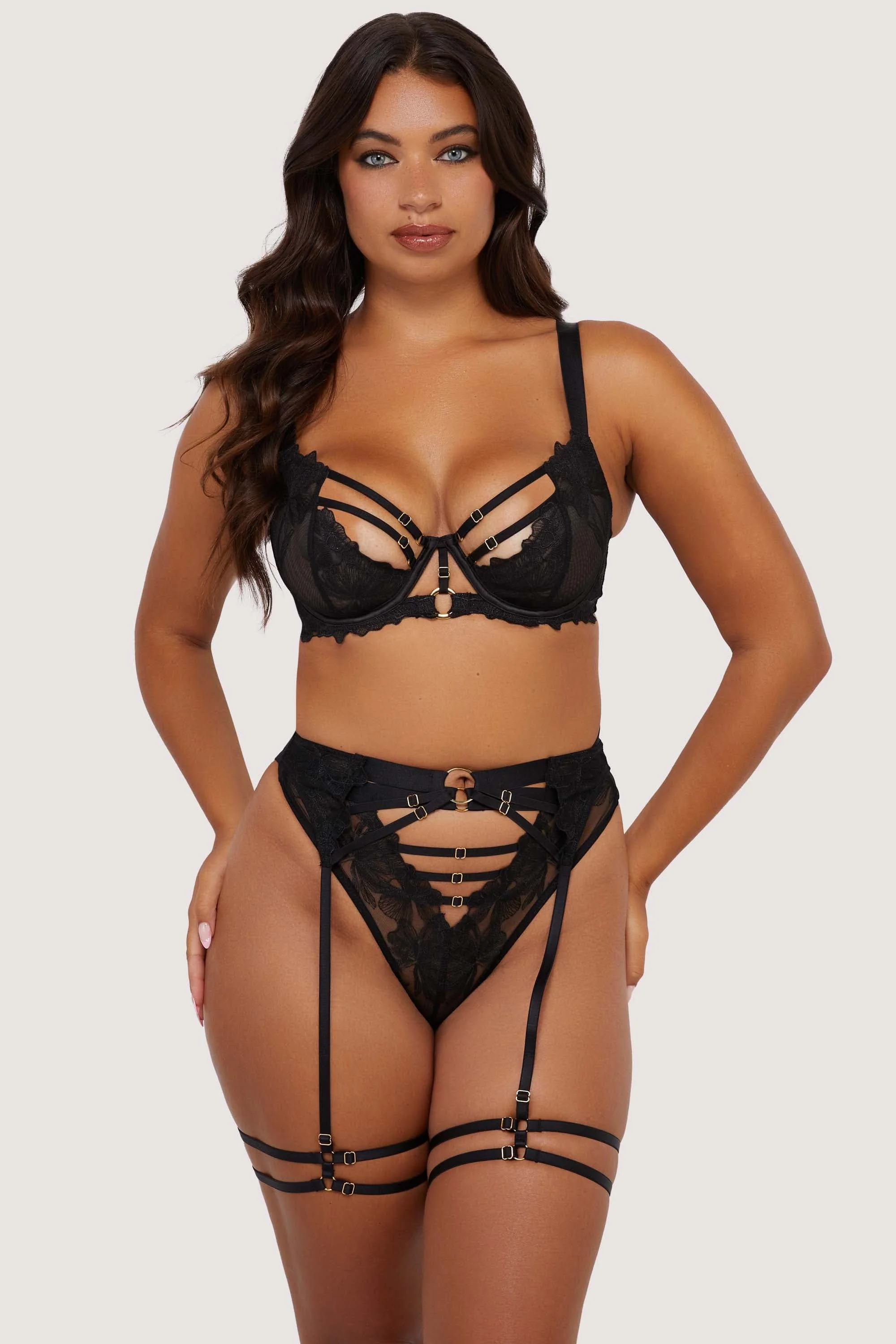 Eleanor Black Strappy Embroidery Balconette Set - Image 2