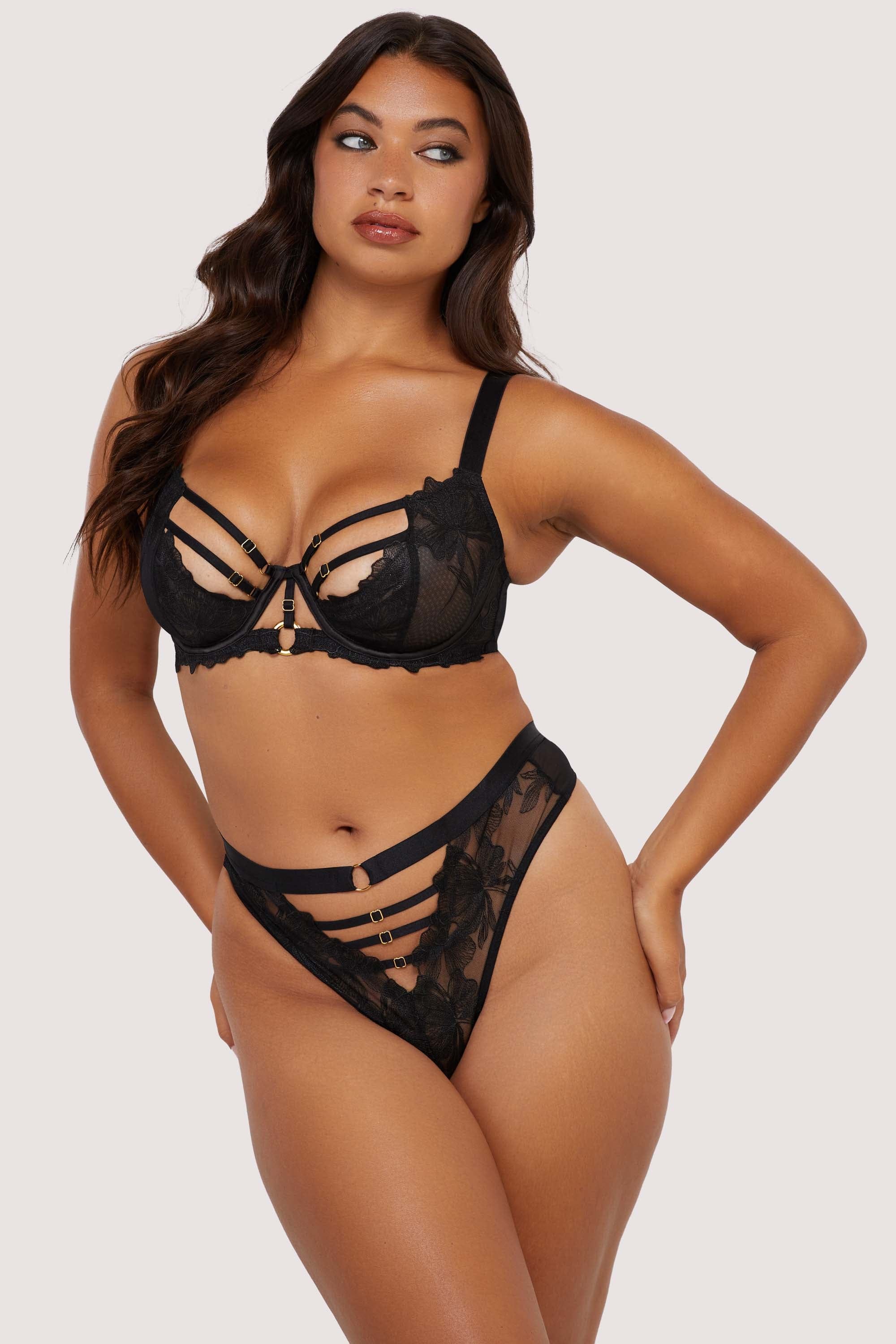 Eleanor Black Strappy Embroidery High Waist Thong - Image 3