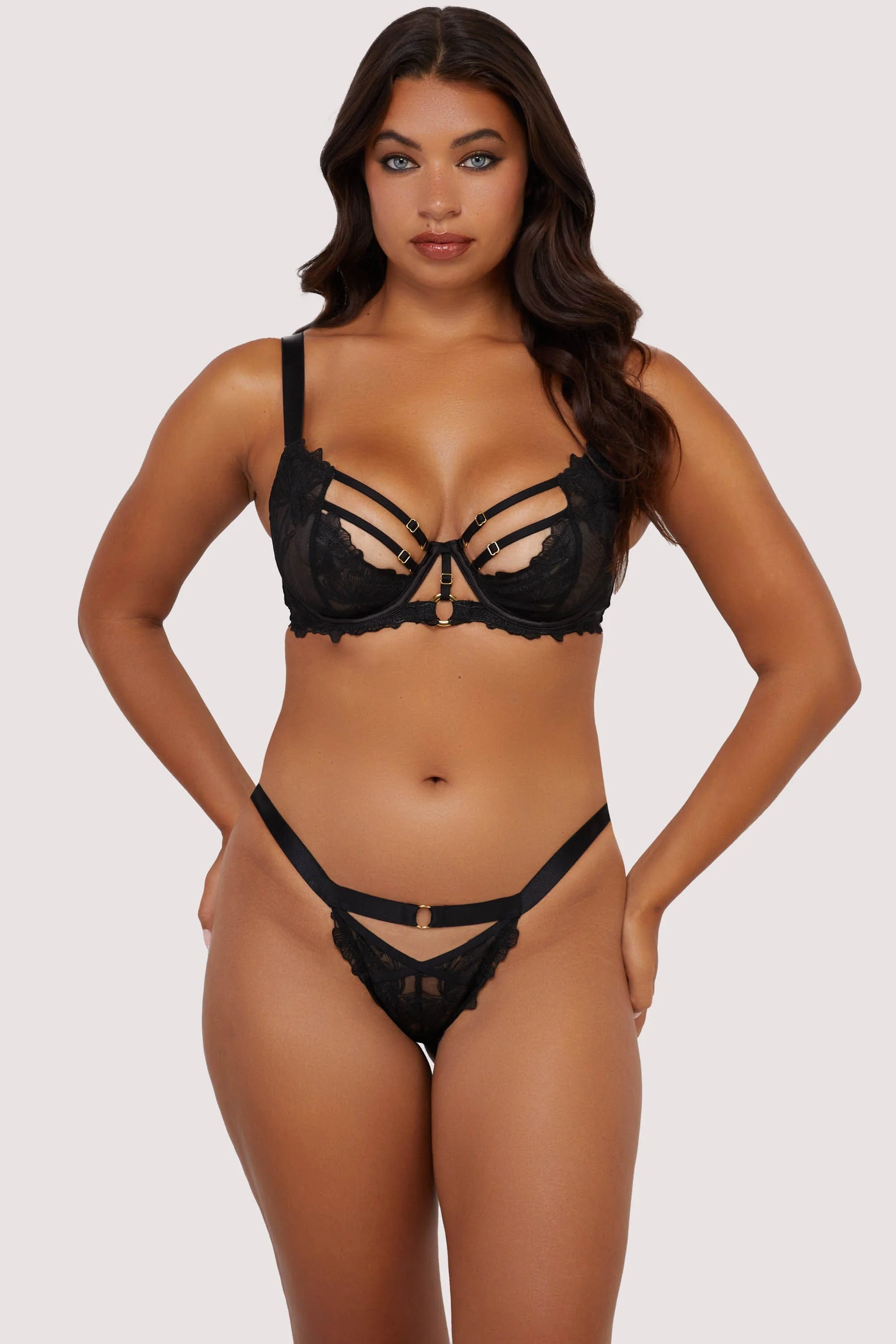 Eleanor Black Strappy Embroidery Thong - Image 3