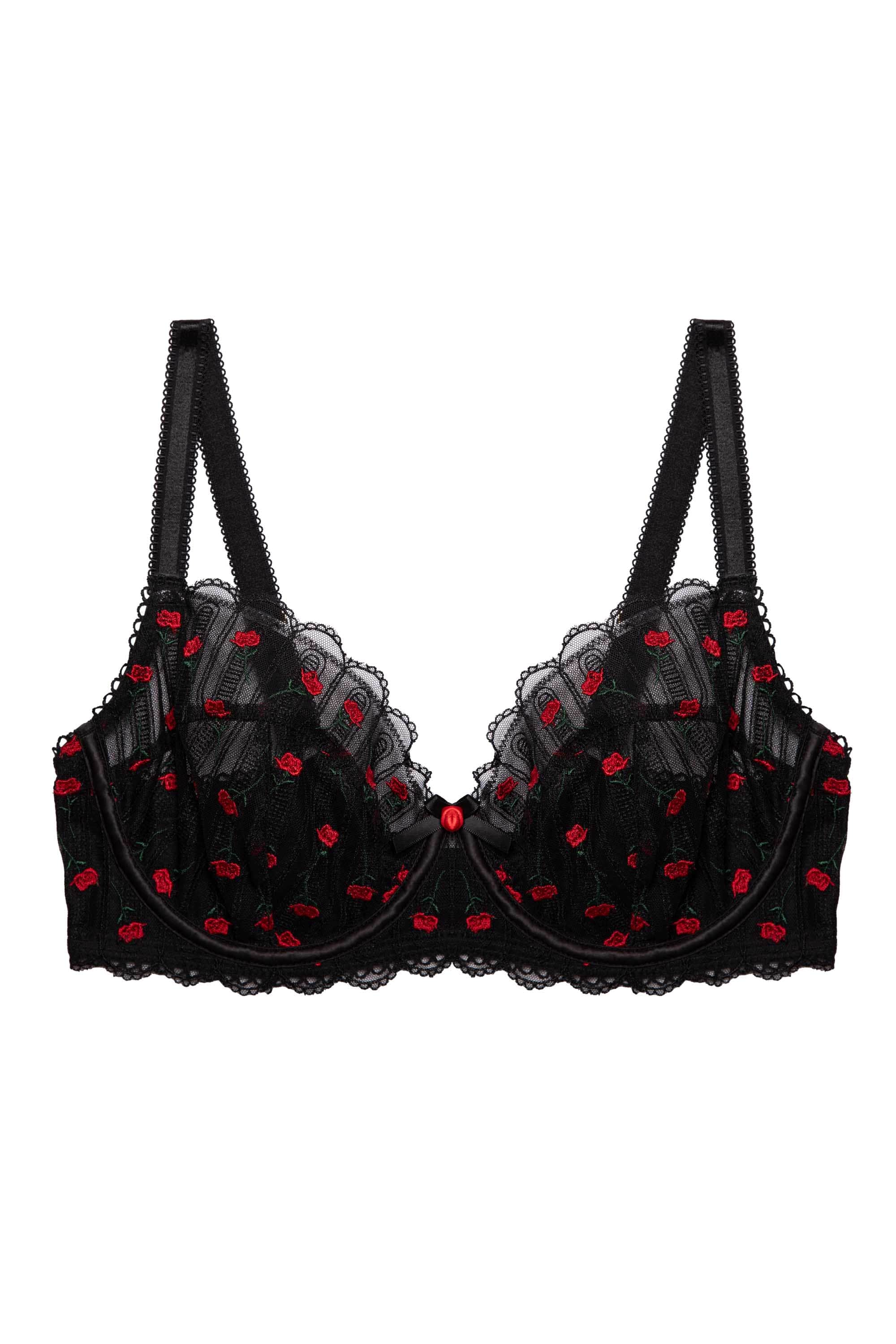 Elodie Black and Red Rosebud Embroidery Balconette Bra - Image 10