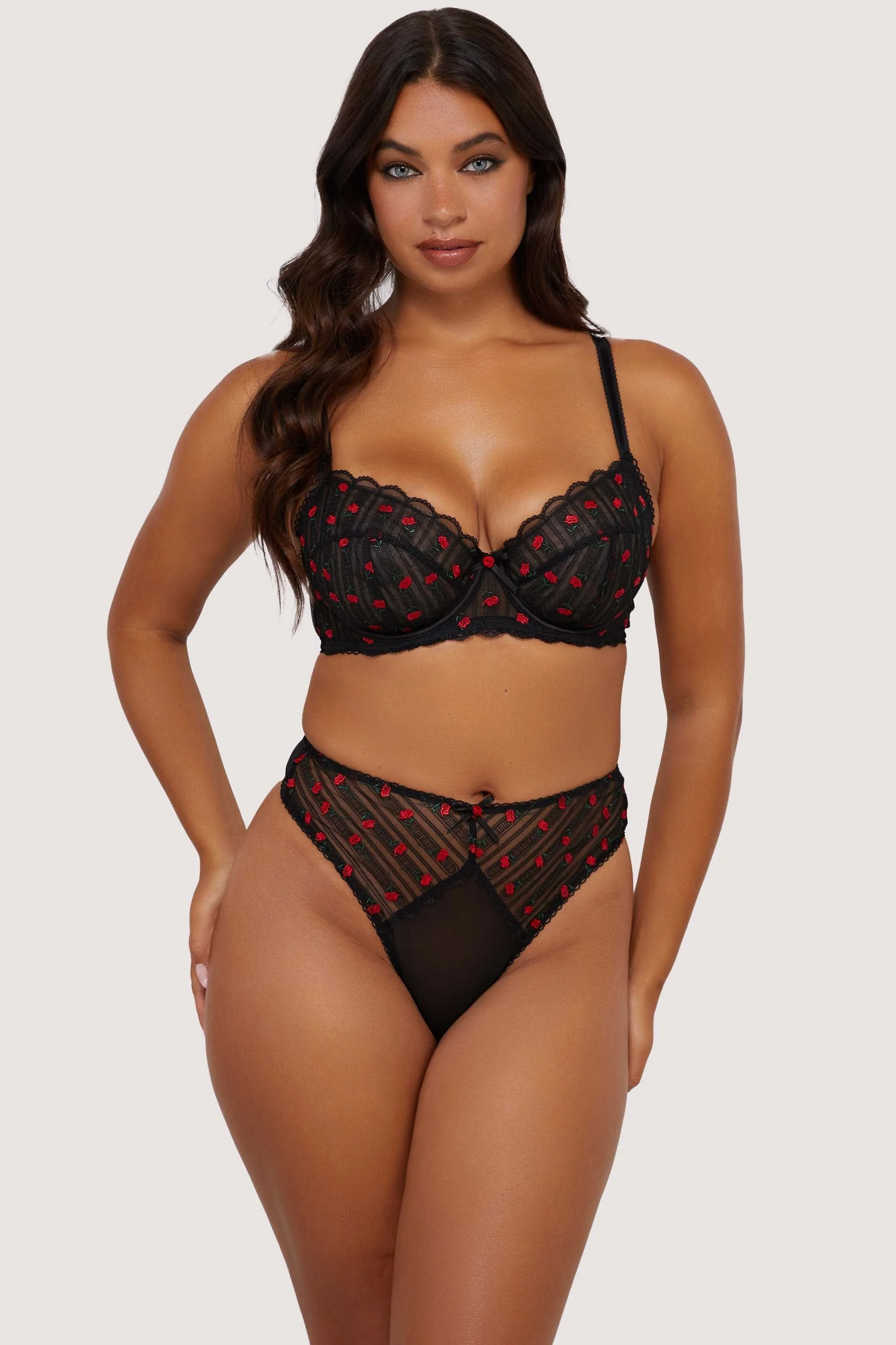 Elodie Black and Red Rosebud Embroidery High Waist Thong - Image 4