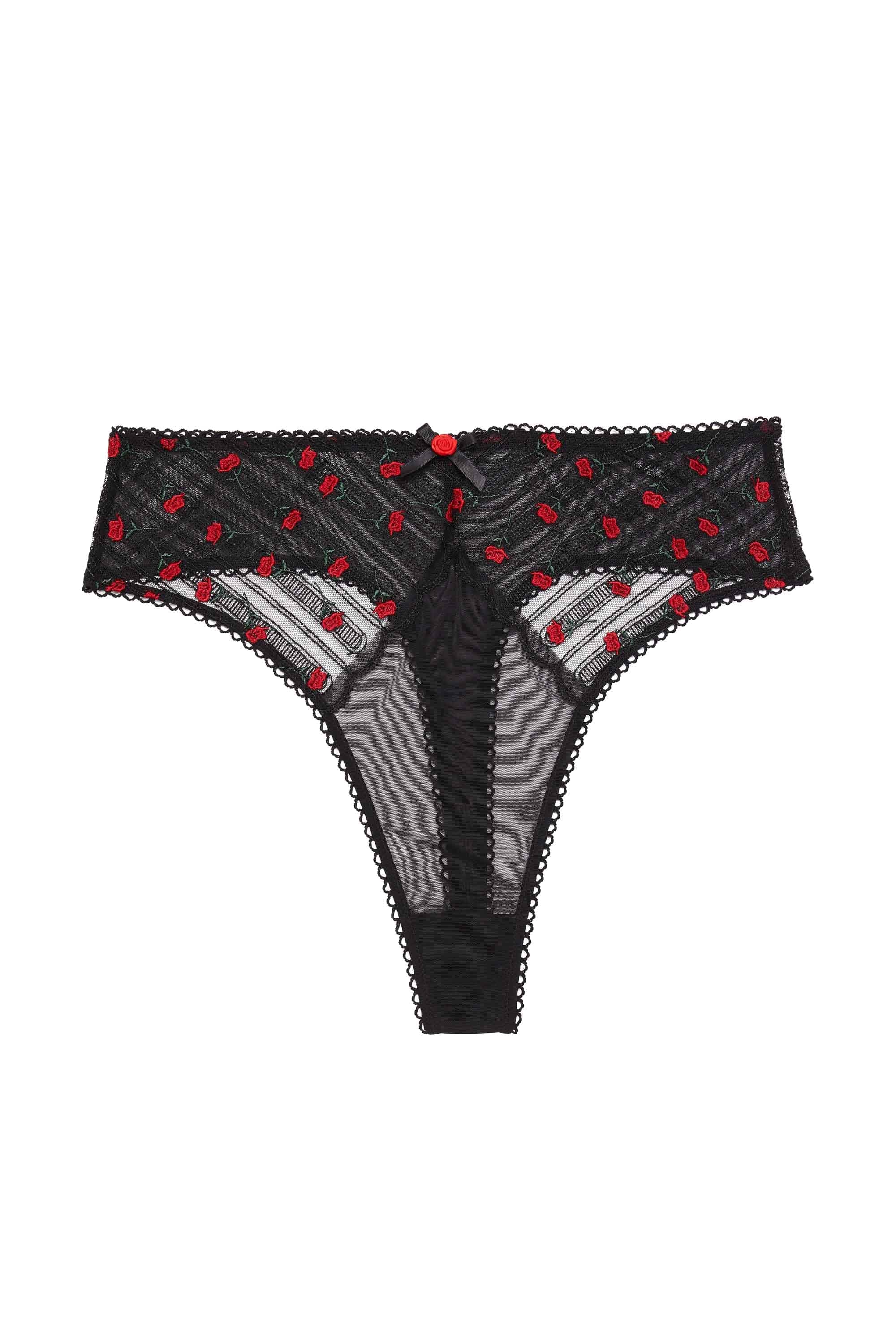 Elodie Black and Red Rosebud Embroidery High Waist Thong - Image 5