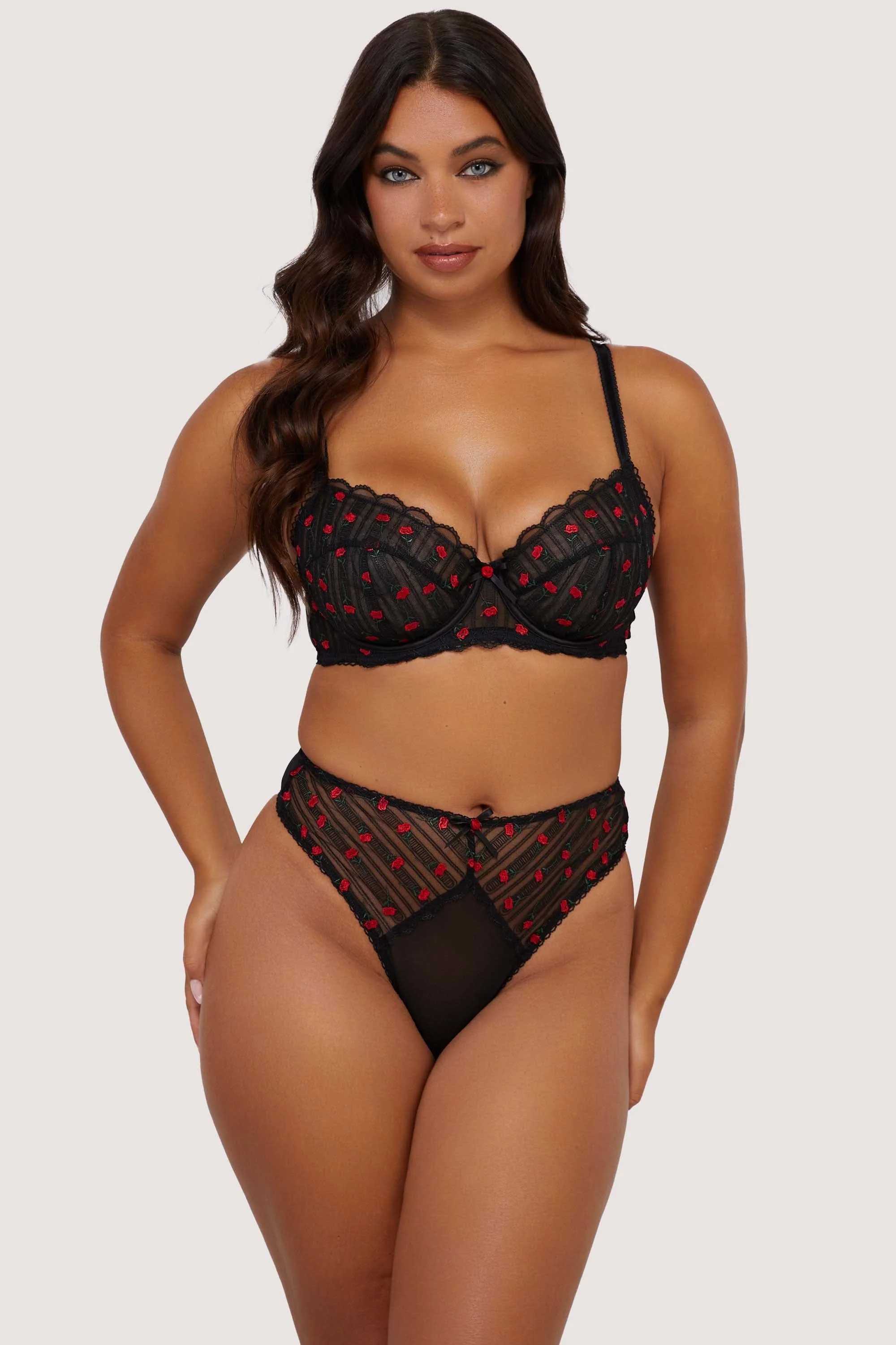 Elodie Black and Red Rosebud Embroidery Balconette Bra - Image 8