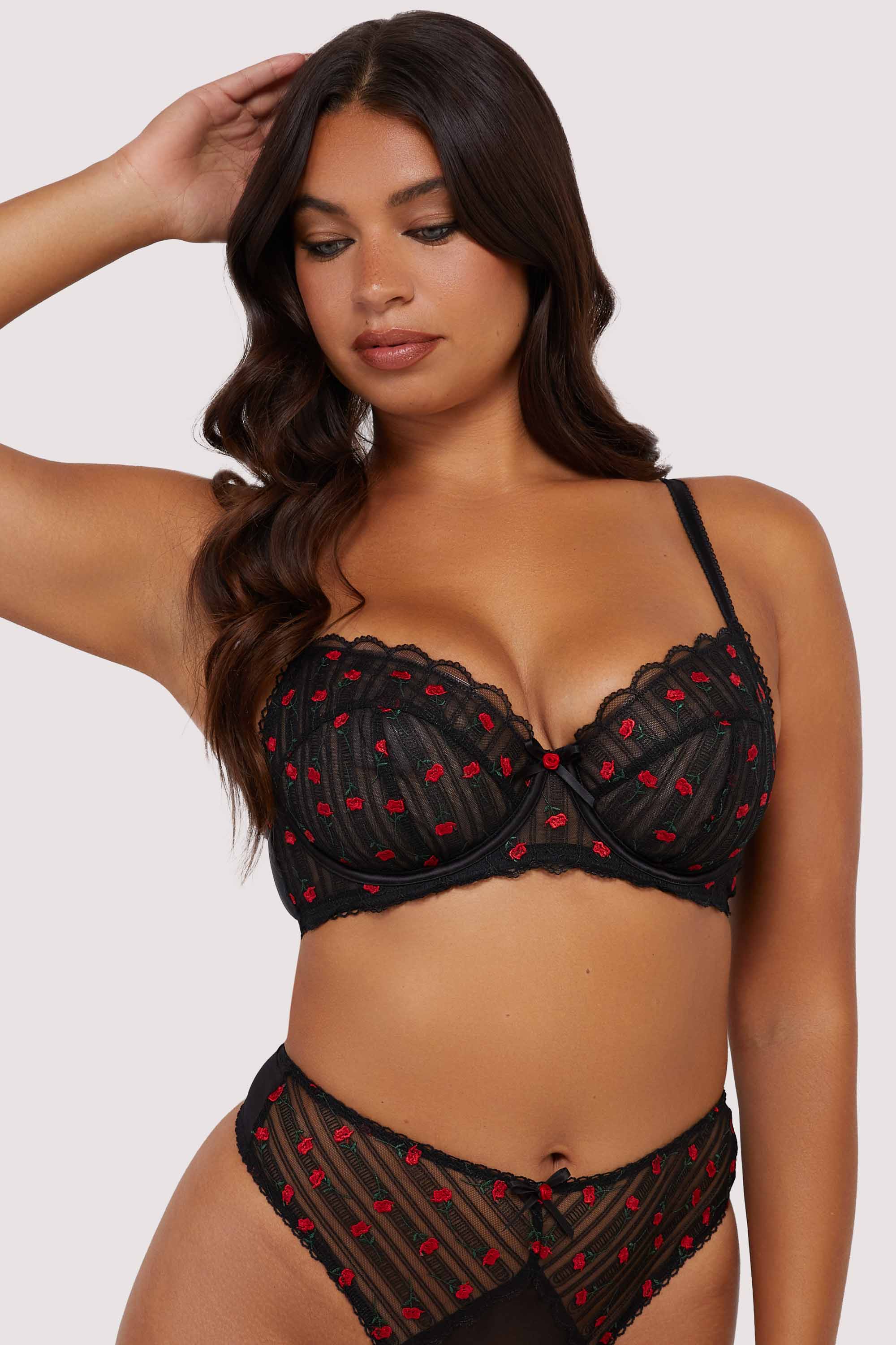 Elodie Black and Red Rosebud Embroidery Balconette Bra - Image 6