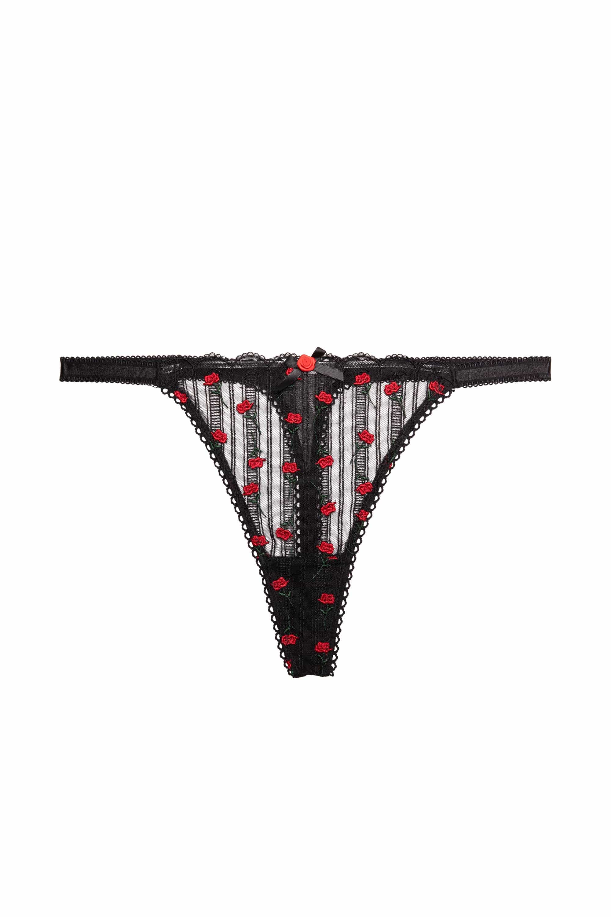 Elodie Black and Red Rosebud Embroidery Thong - Image 4