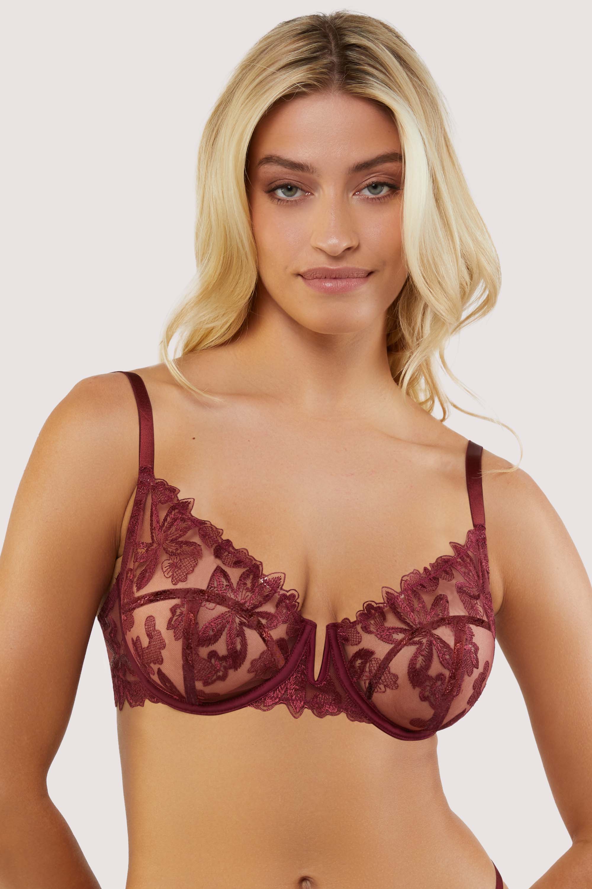 Eva Dark Cherry Graphic Embroidery Balconette Bra - Image 5
