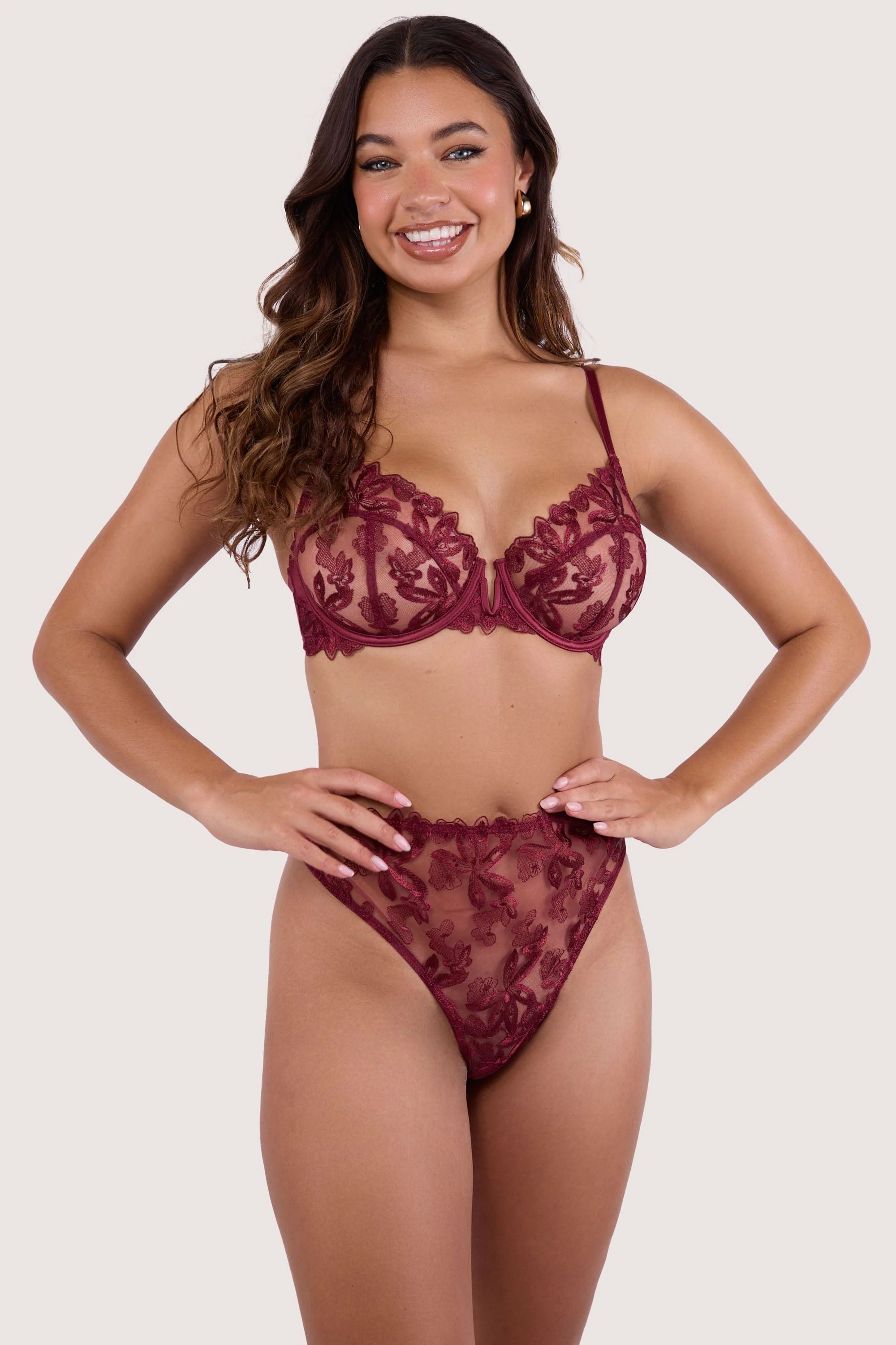 Eva Dark Cherry Graphic Embroidery High Waist Thong - Image 3