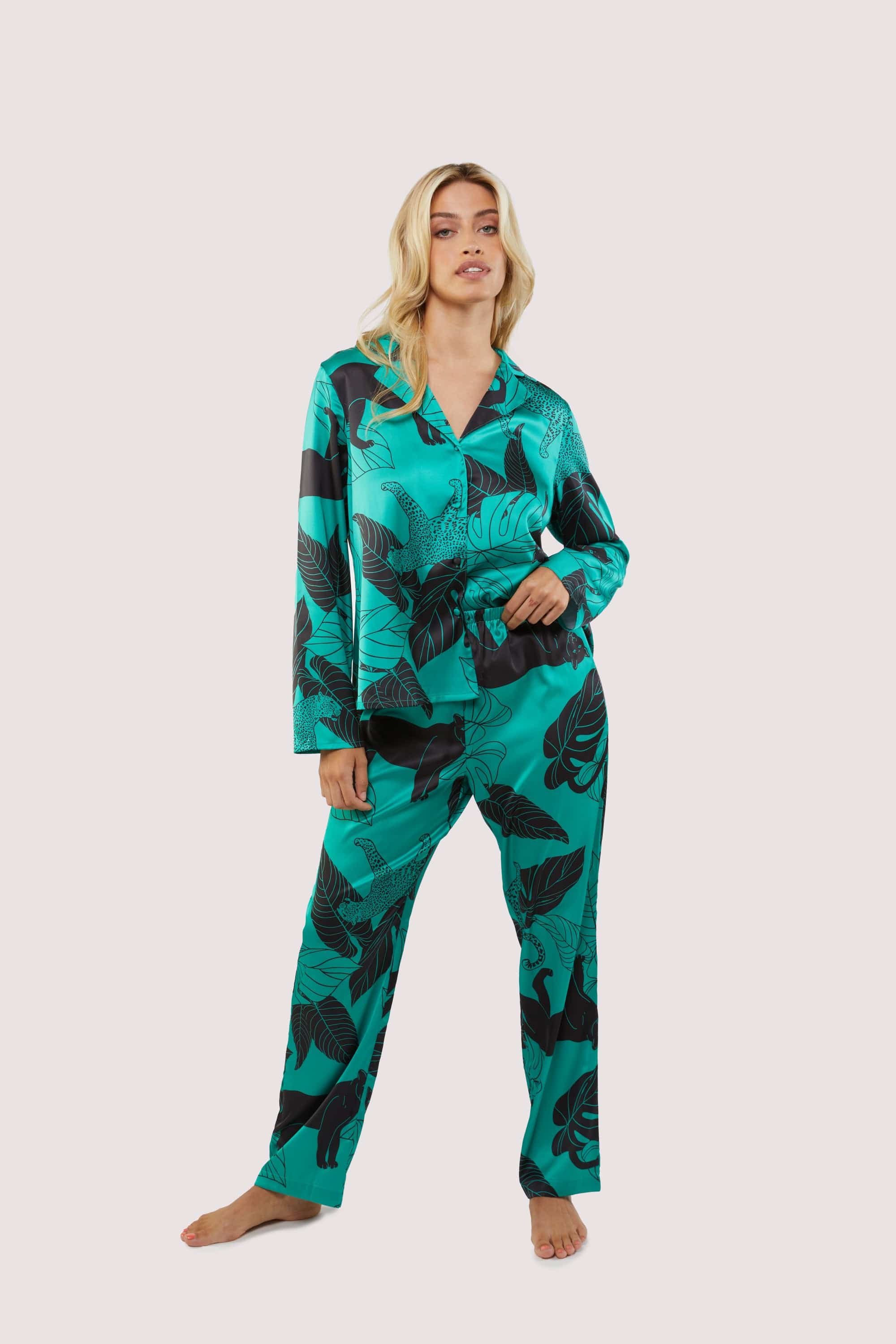Green Panther Print Satin Pyjama Set - Image 4