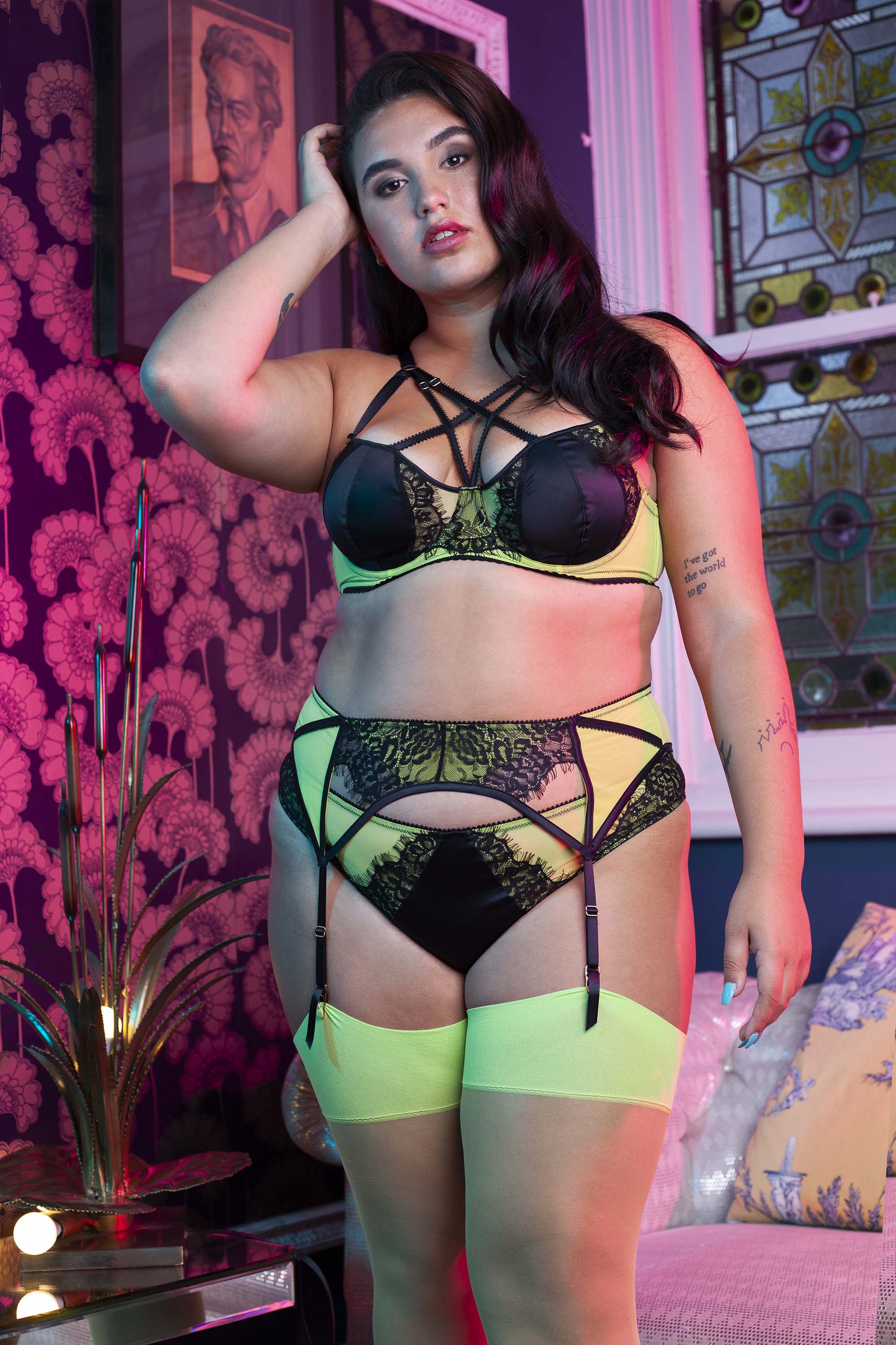 Indigo Lime Satin and Lace Picot Suspender - Image 6