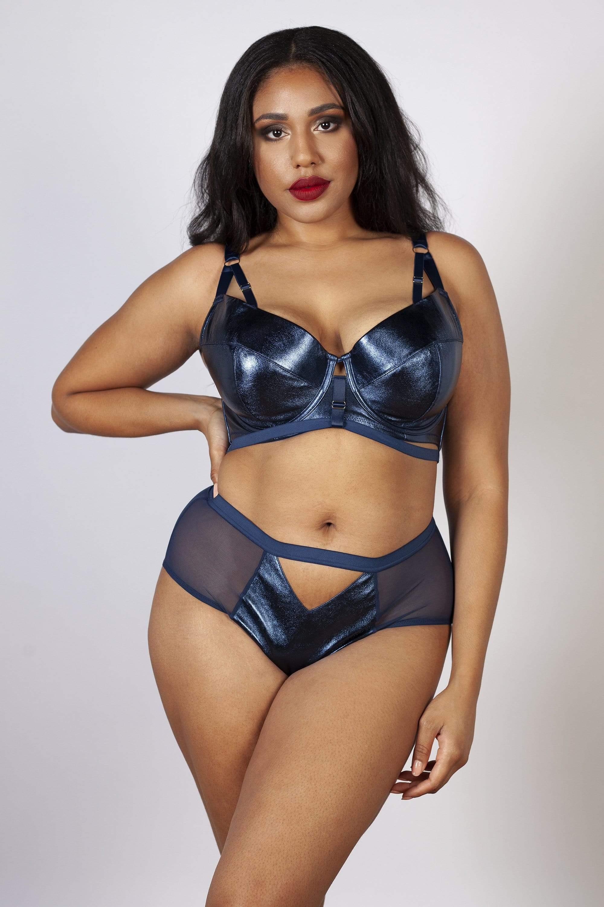 Kayla Metallic Leatherette Bra Midnight Blue B - H - Image 2