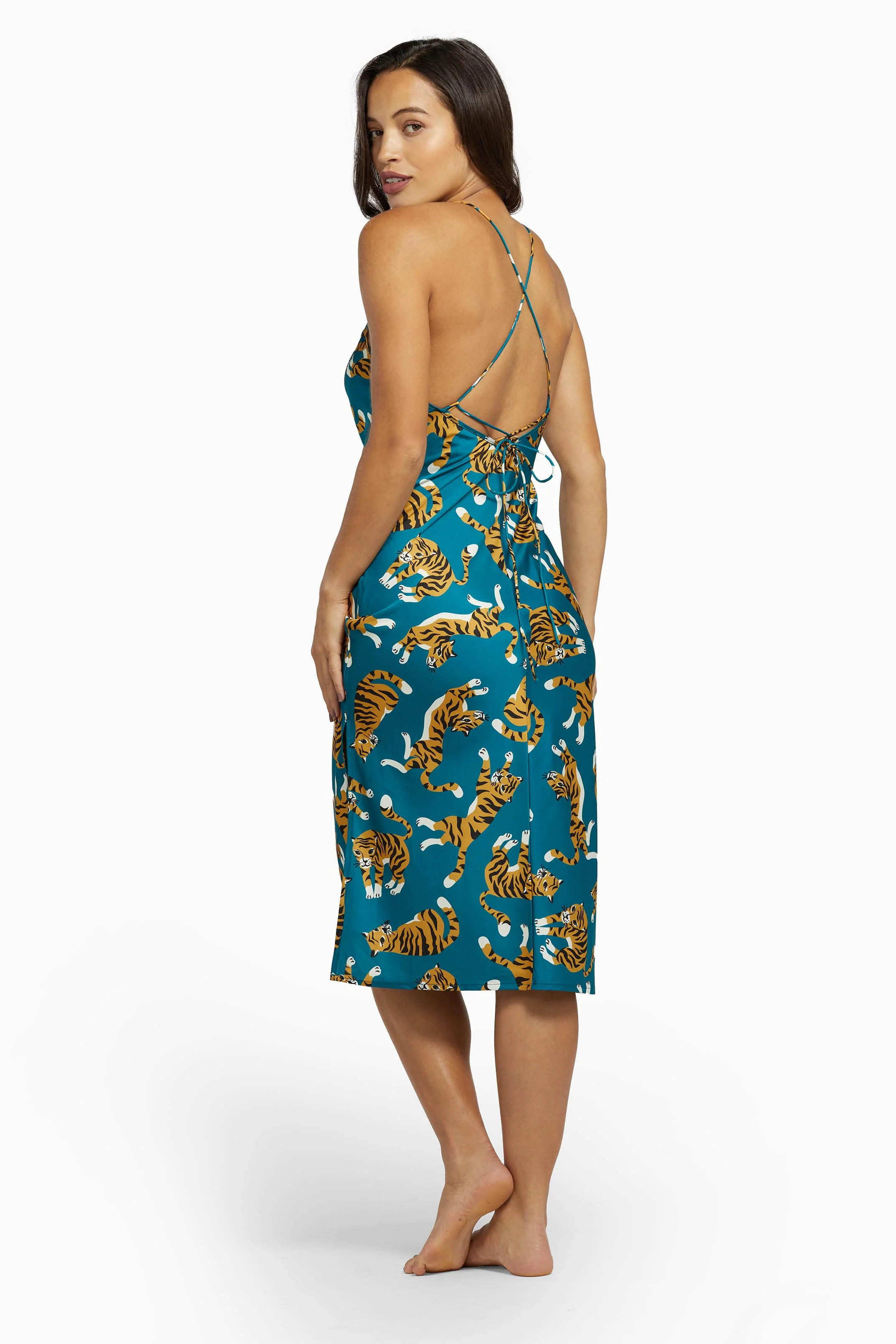 Kilo Brava Teal Tiger Satin Cowl Midi Slip Dress - Image 3