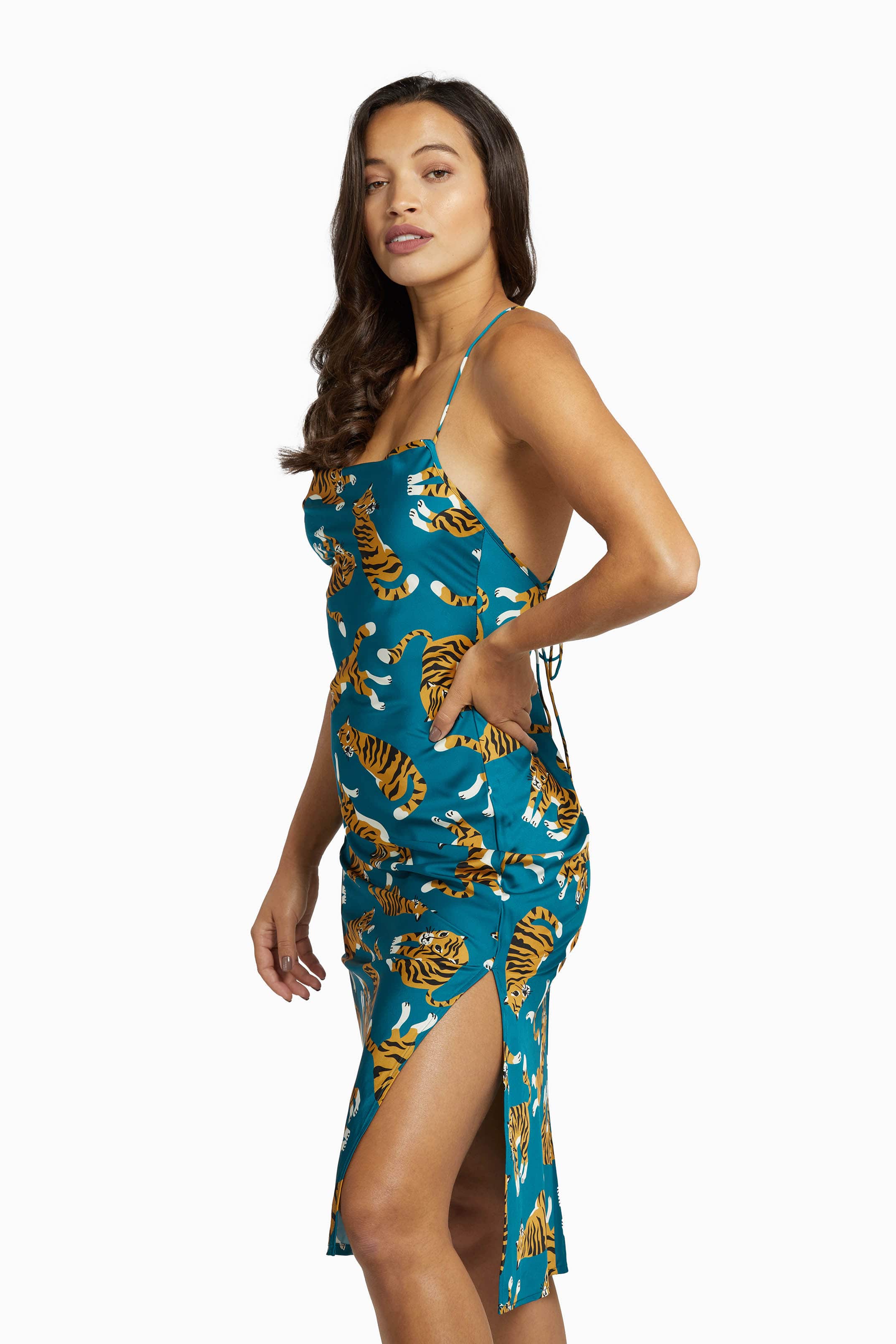 Kilo Brava Teal Tiger Satin Cowl Midi Slip Dress - Image 4
