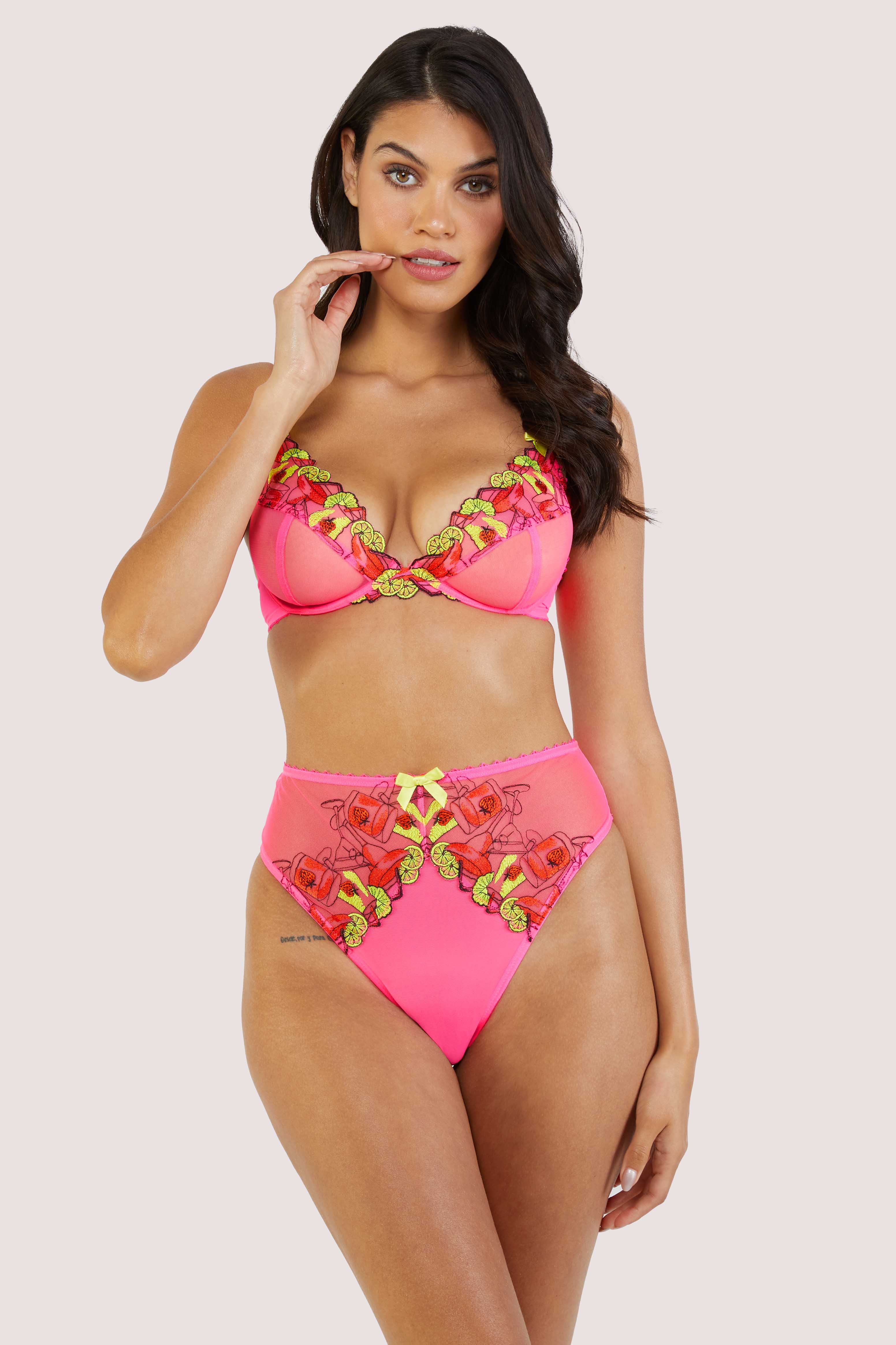 Magda Pink Neon Cocktail Embroidery High Waist Thong - Image 3
