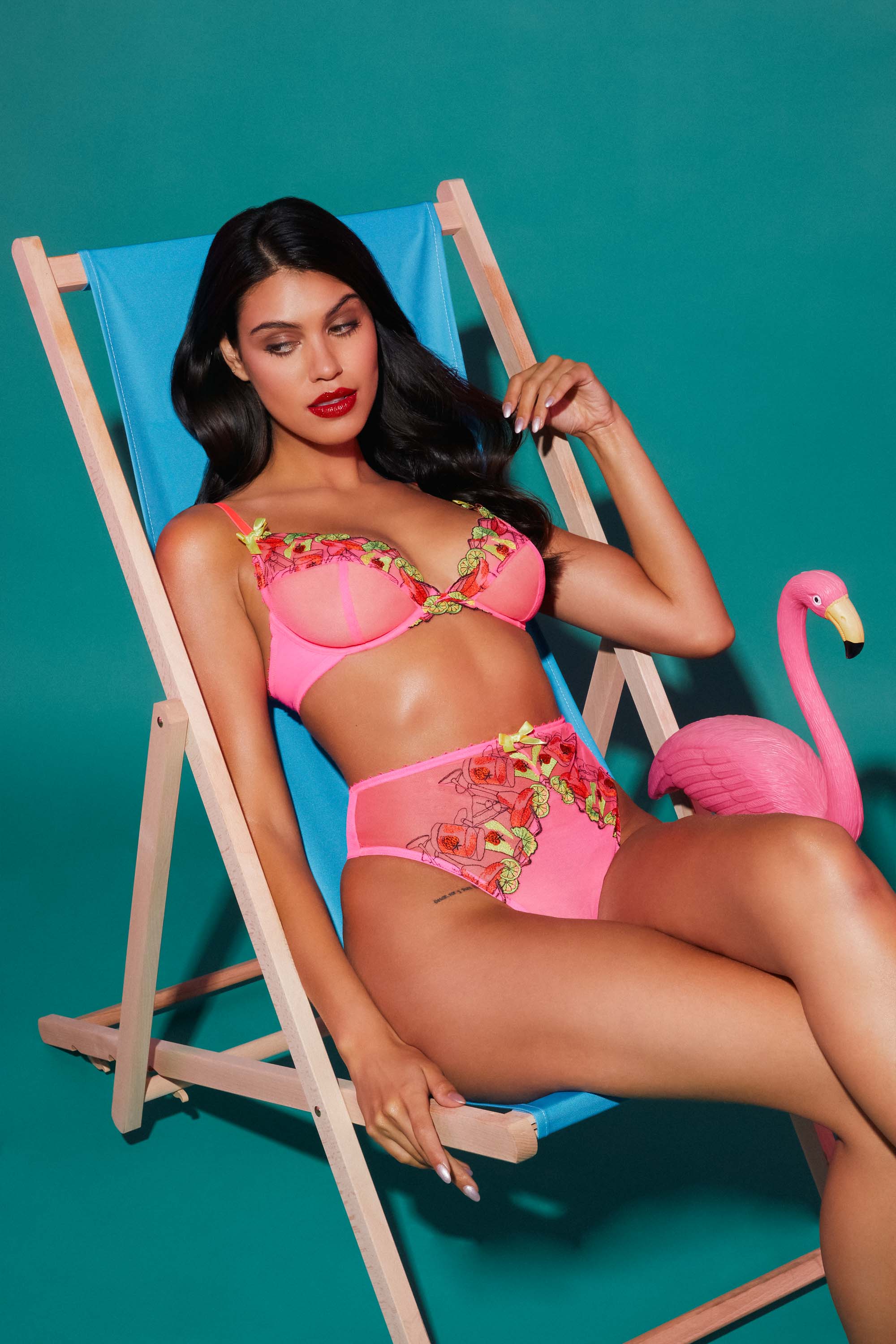 Magda Pink Neon Cocktail Embroidery High Waist Thong - Image 4