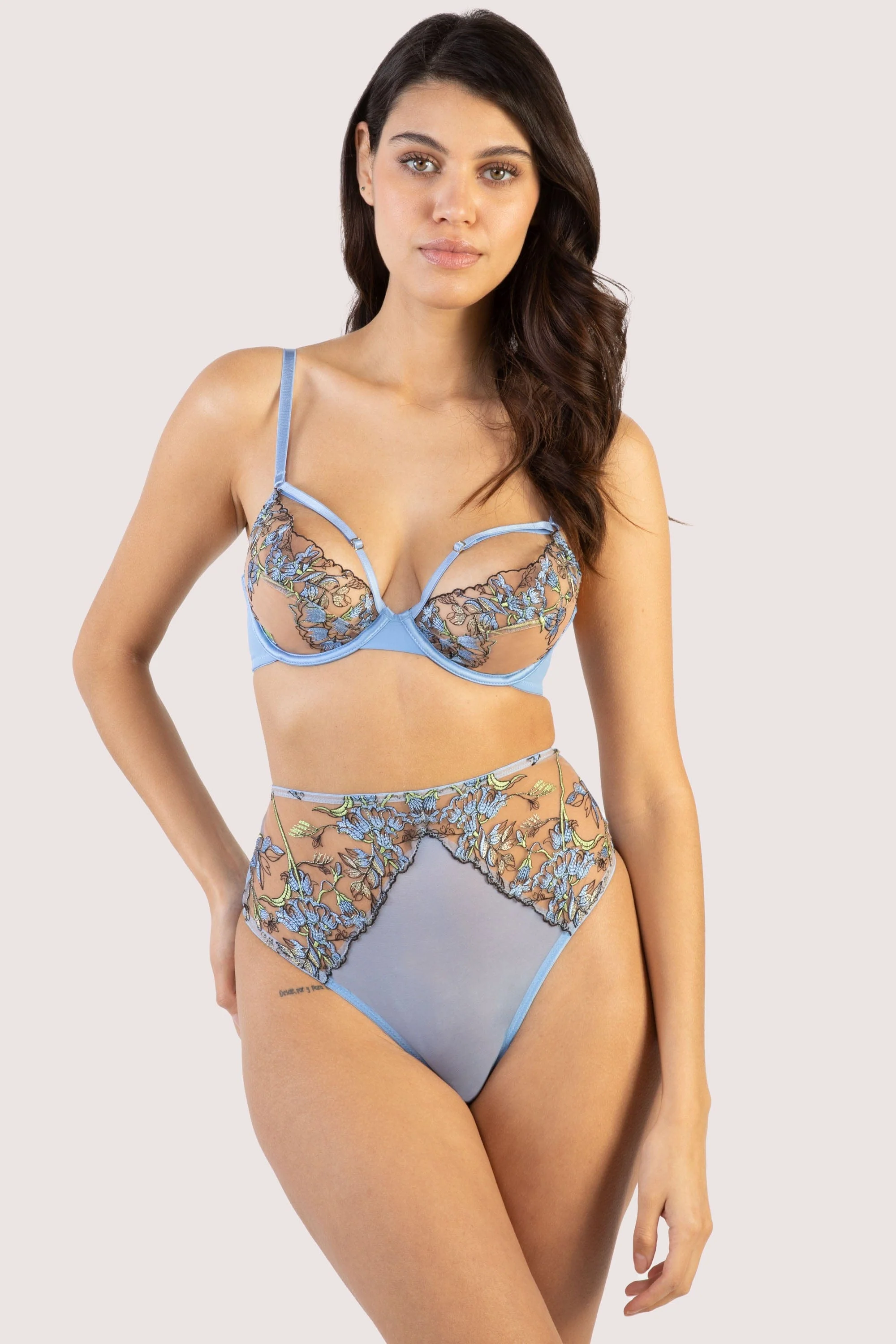 Mayla Blue Floral Embroidered High Waisted Thong - Image 3