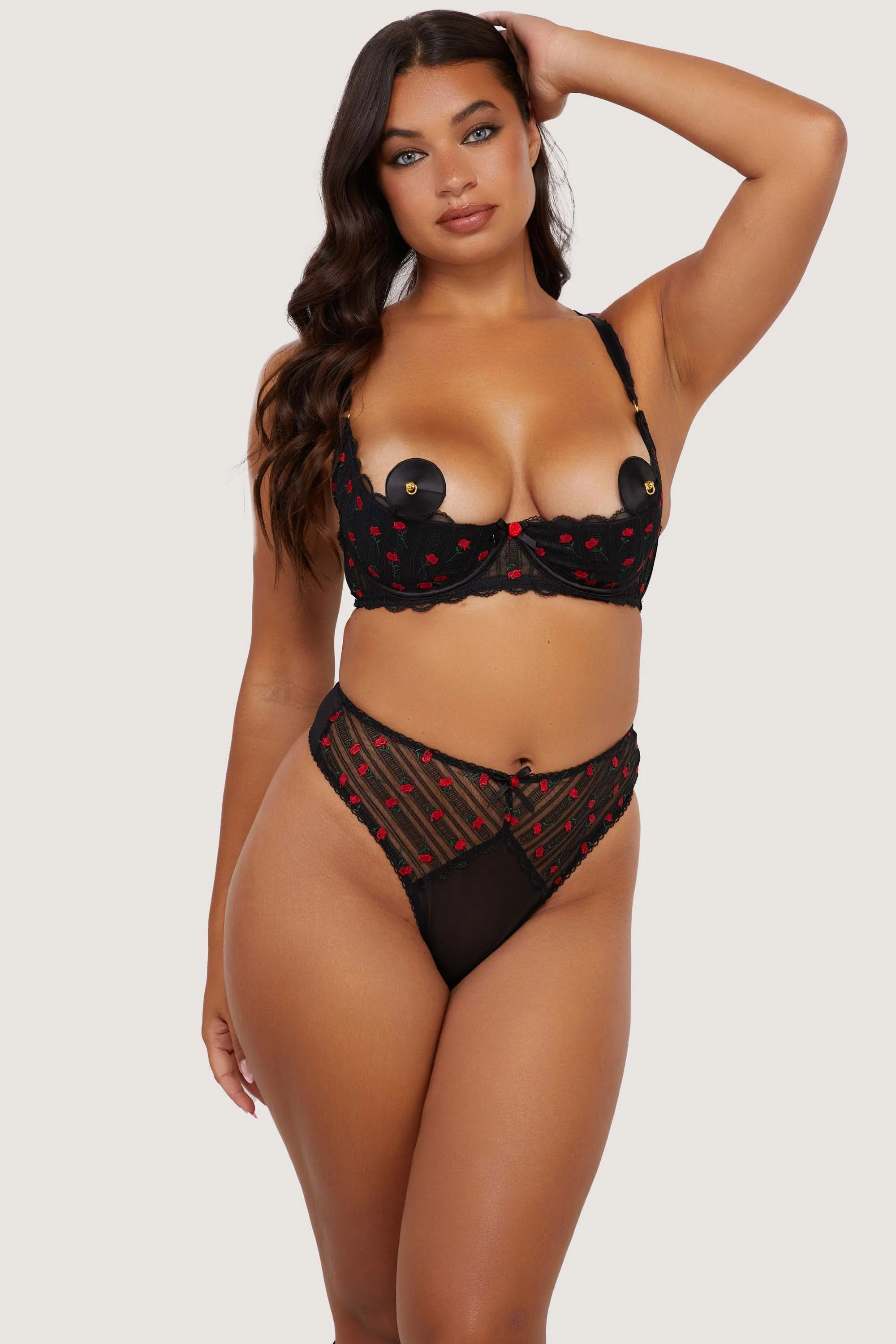 Elodie Black and Red Rosebud Embroidery Quarter Cup Bra - Image 5