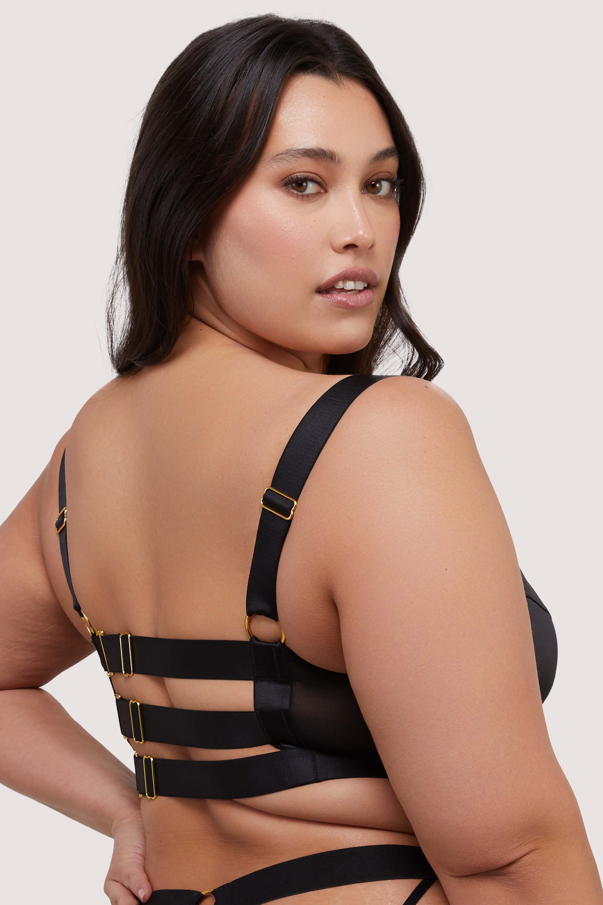 Etta Black Satin and Mesh Longline Padded Plunge Bra - Image 3