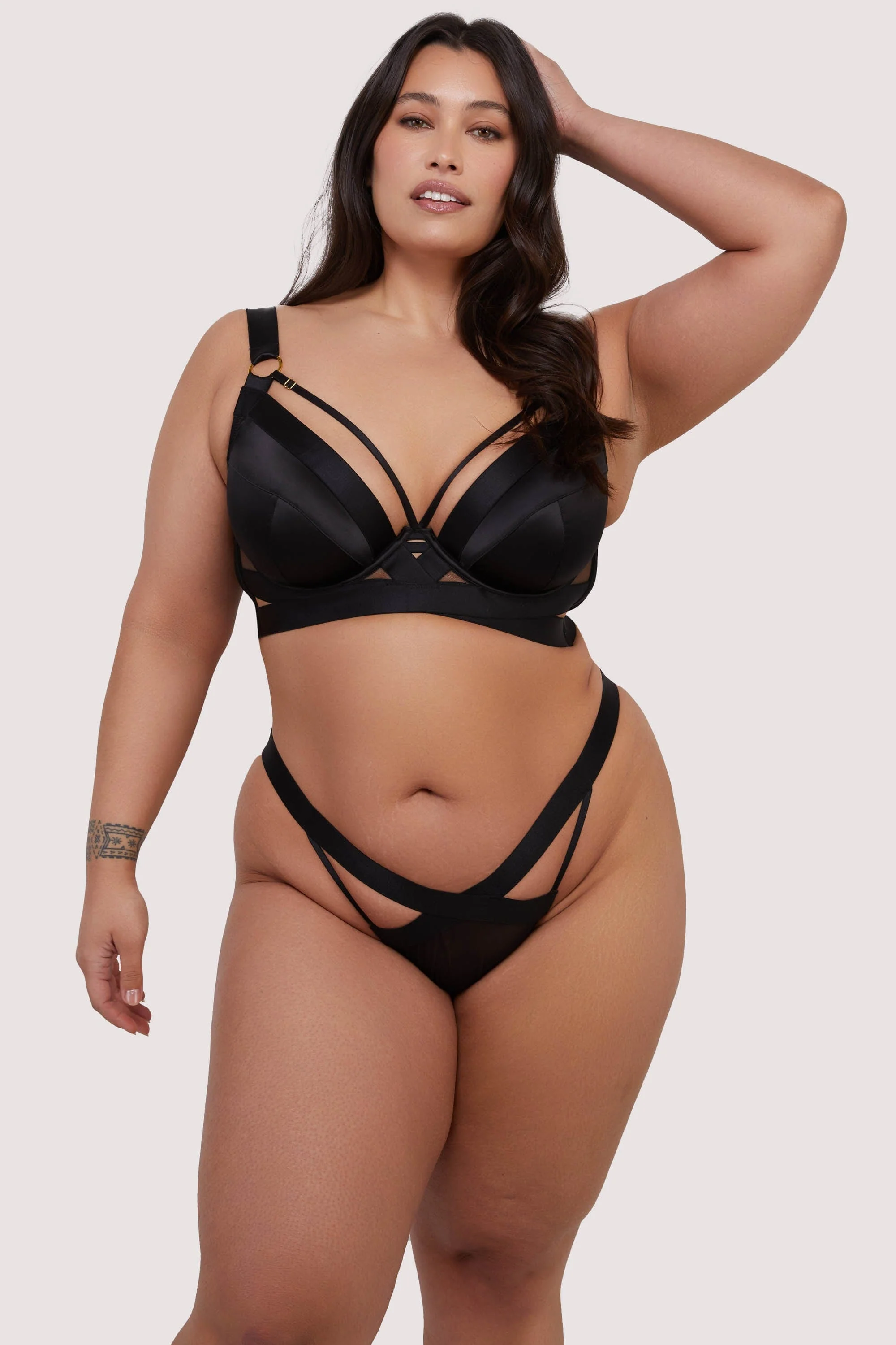 Etta Black Satin and Mesh Longline Padded Plunge Bra - Image 6