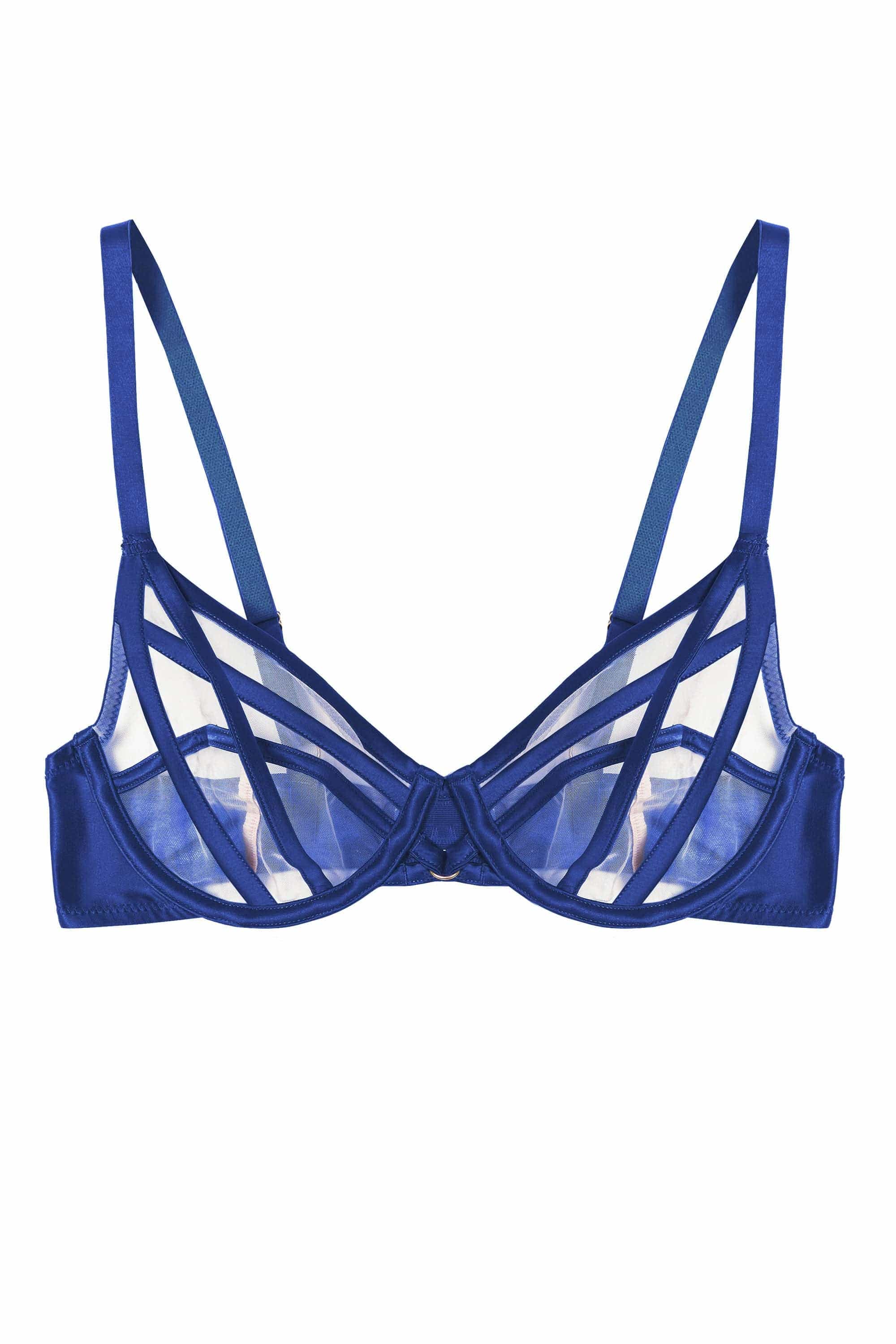 Ramona Cobalt Blue Strap Detail Illusion Sheer Plunge Bra - Image 7