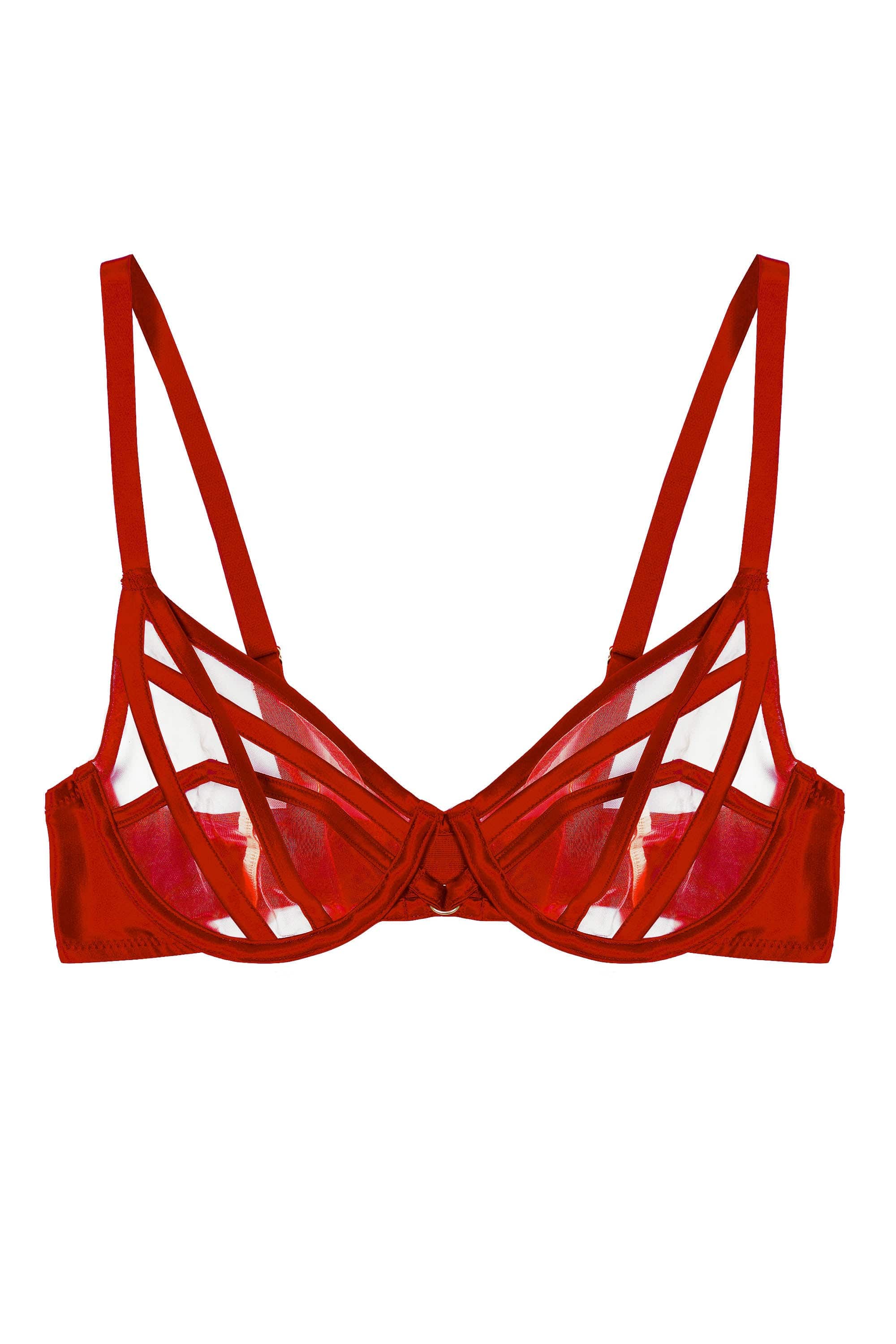 Ramona red Strap Detail Illusion Sheer Plunge Bra - Image 9