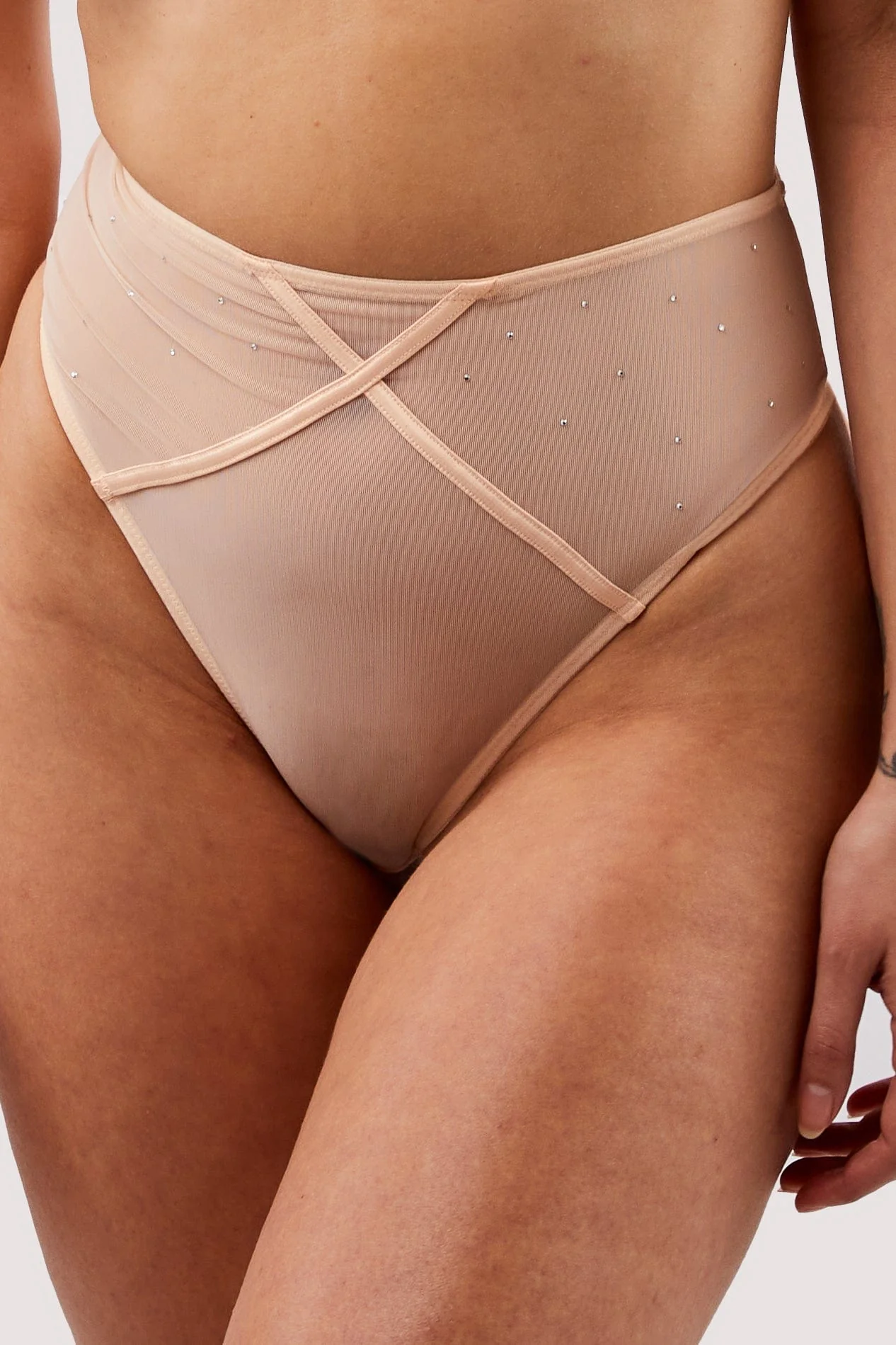 Nola Toffee Diamante Studded High Leg Thong - Image 4