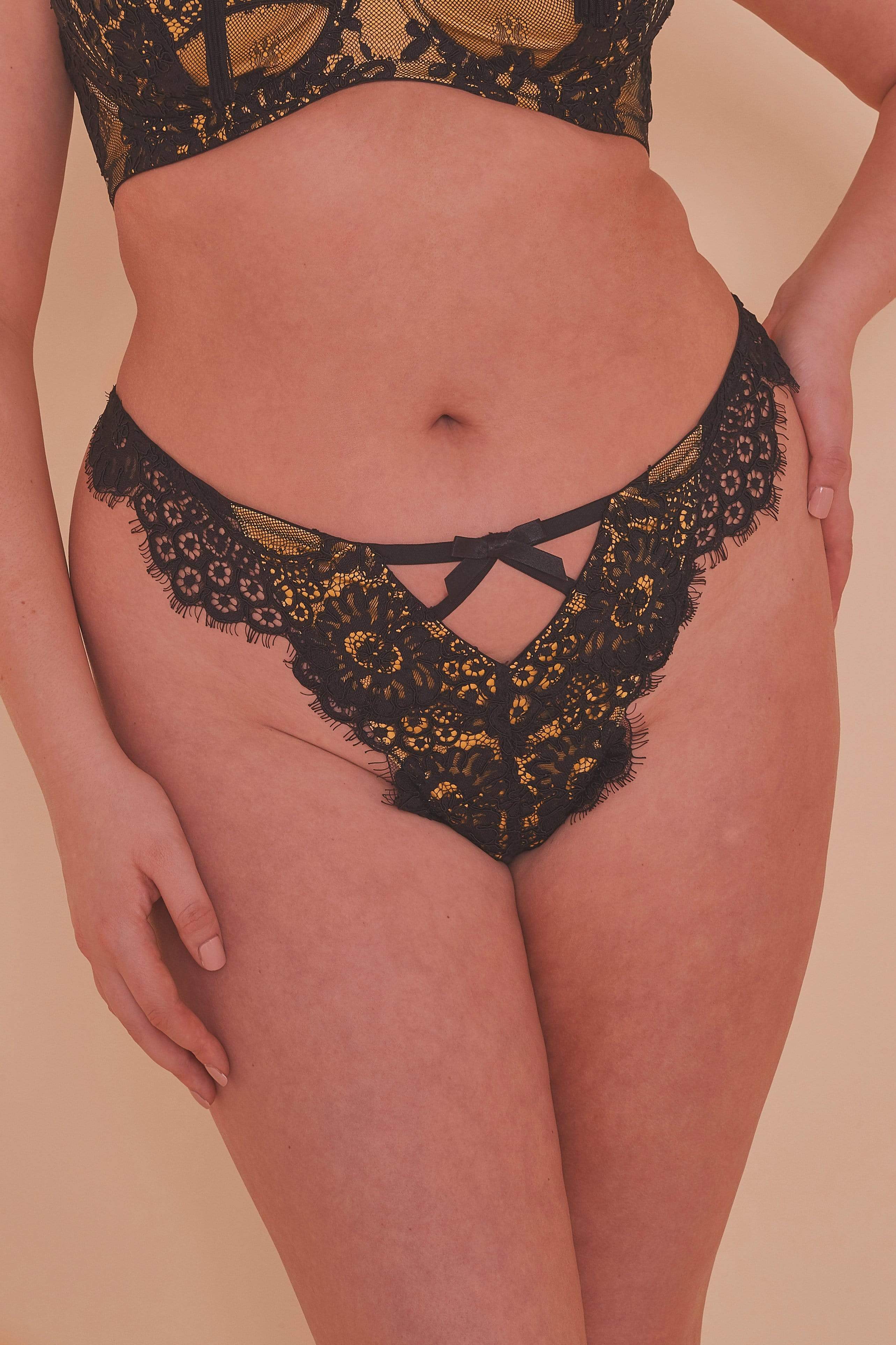 Jaquelina Mustard Contrast Crotchless Thong - Image 6