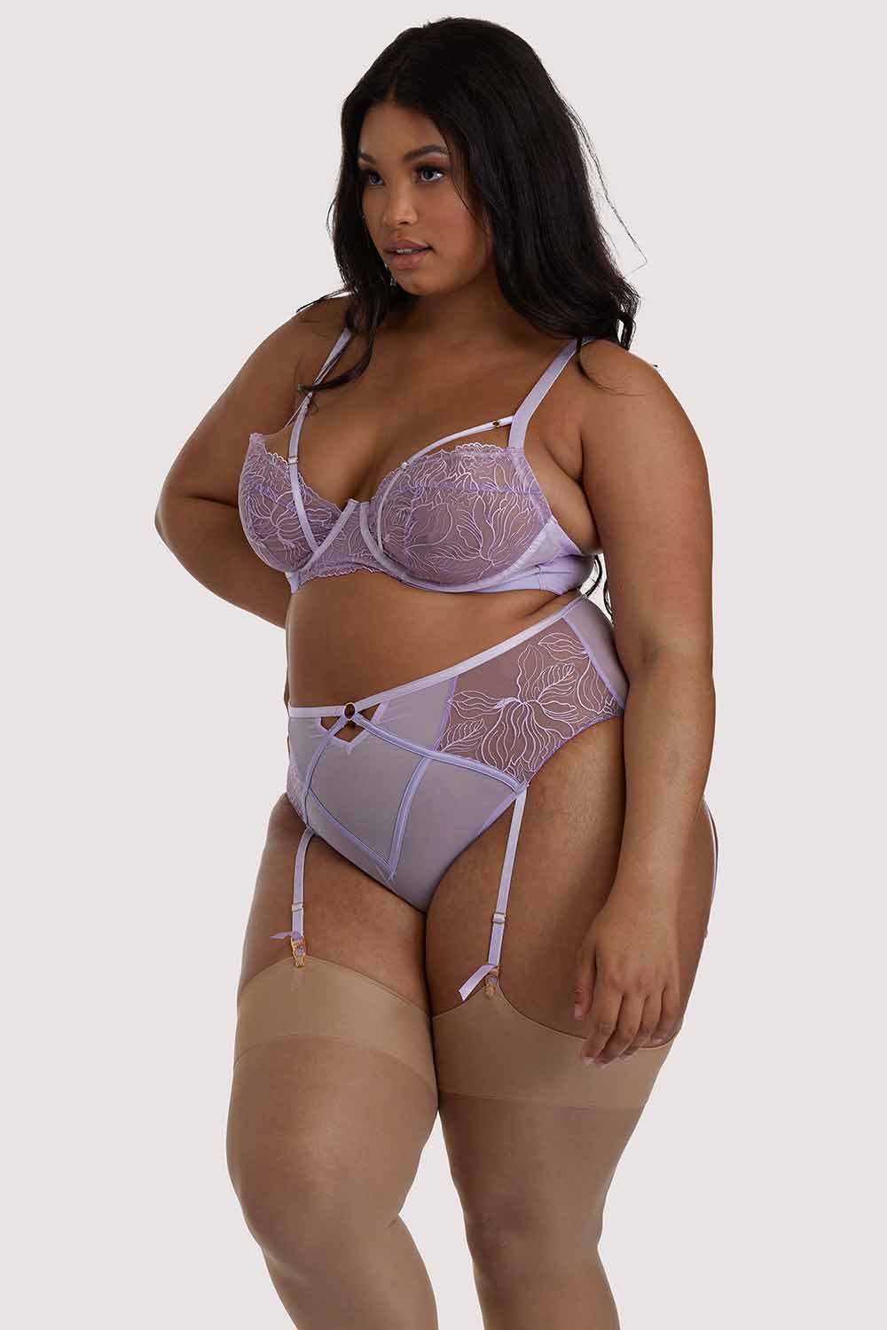 Mila Lilac Lace High Waisted Suspender Brief - Image 5