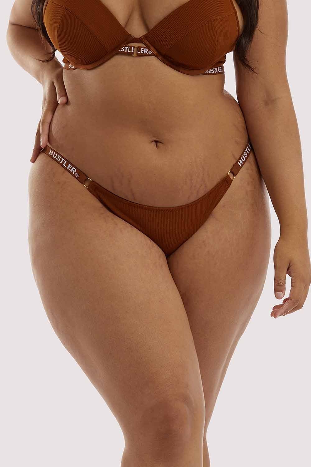 Branded Ribbed Chocolate Tanga Brief - Image 9